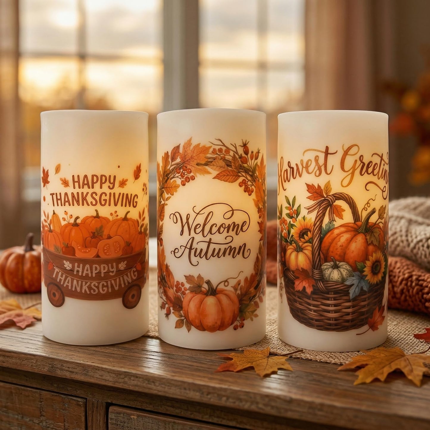 Aulaygo 3PCS Thanksgiving Flameless LED Candles Pumpkin Fall Decor Candle Lights with Timer Warm White Battery Operated Electric Led Maple Leaf Candle Lights for Fall Party Home Decor