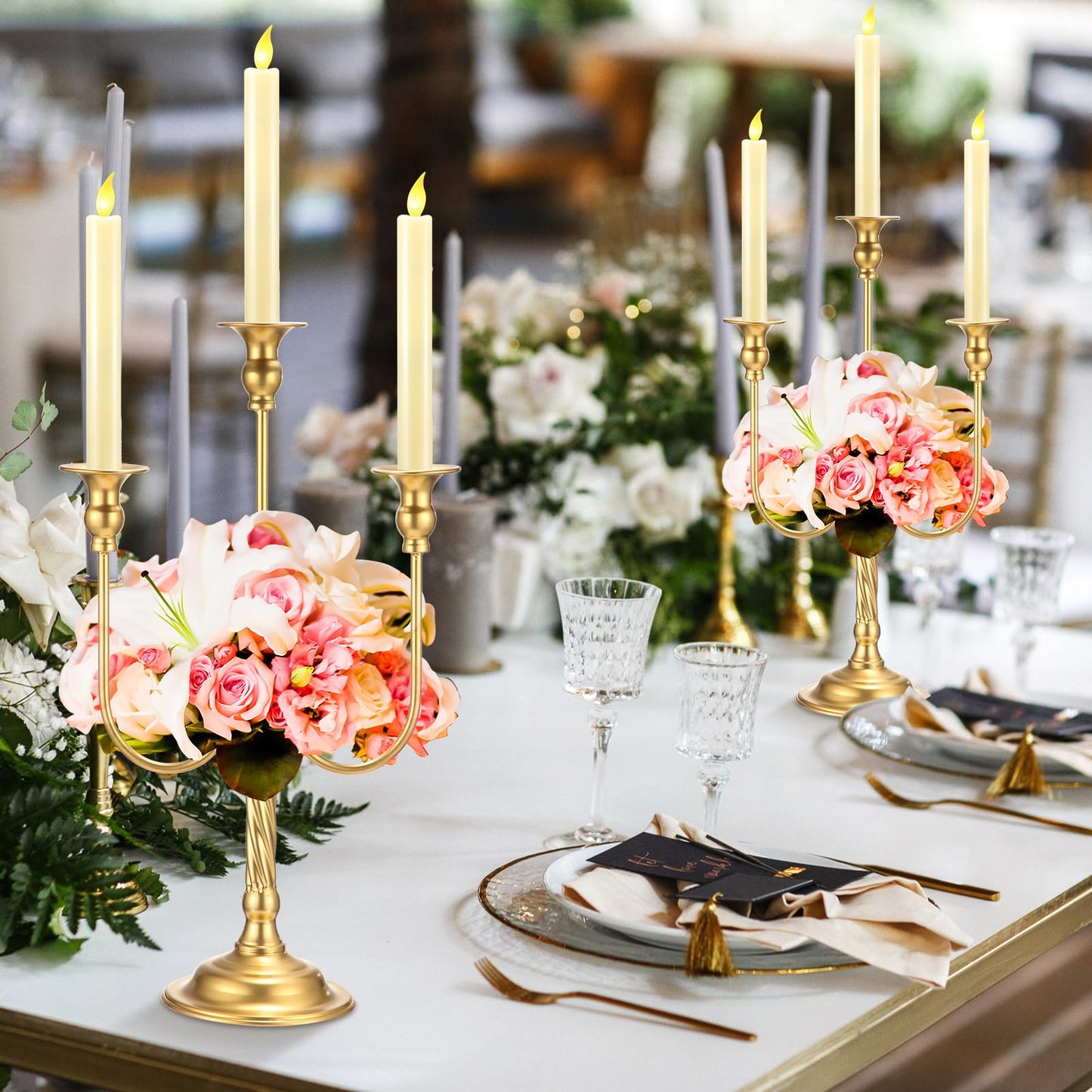 Rtteri 6 Pcs Gold Candelabra Candlestick Holder Metal Candle Stand Candelabra for Taper Candles Table Centerpieces Wedding Christmas Holiday Birthday Party (9.5 x 9.5 x 19.7 Inch,3 Arm)