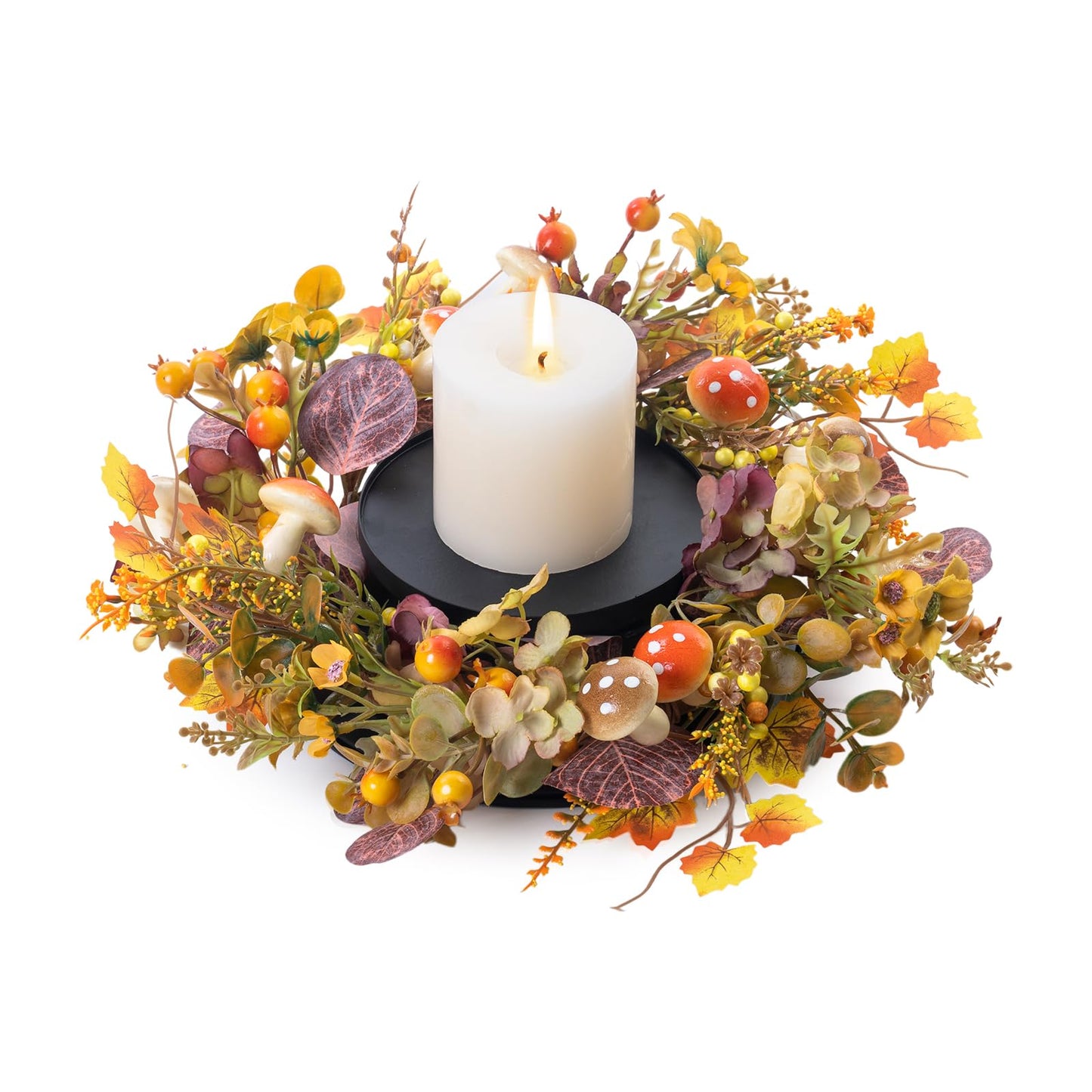 MOYEE Candle Holder Centerpieces for Tables,Candle Ring,Wreaths, Black Metal Candle Stick Paired Artificial Flowers 14 in Versatile Dining Table Centrepiece (Daisy Mushroom Wreath)