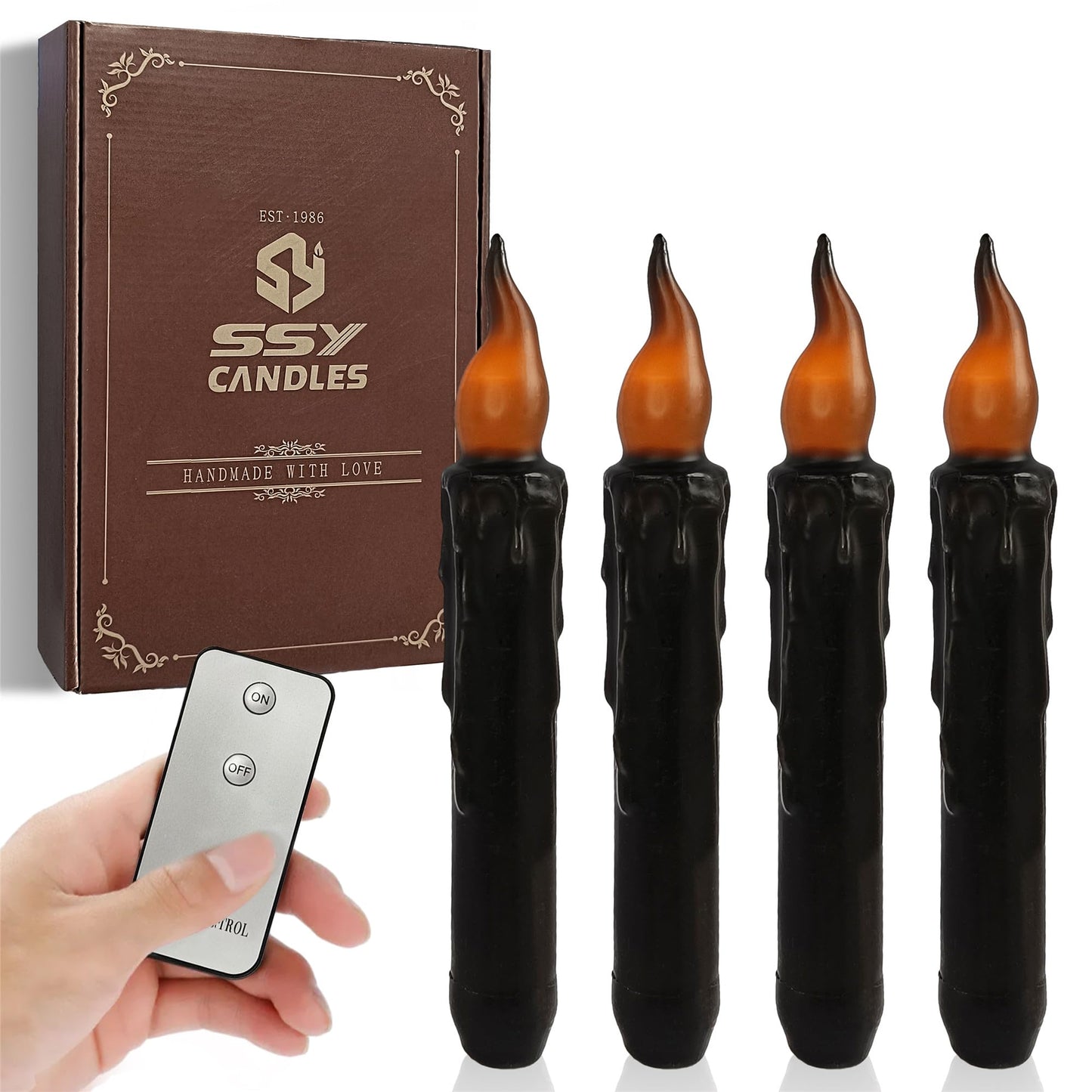Gedengni Black Candlesticks Flameless Taper Candle, 4pcs Real Wax LED Tapered Candles Remote Dipped Candle 6inches Battery Chandelier for Enchanting Weddings Harry Potter Inspired Vigils,B