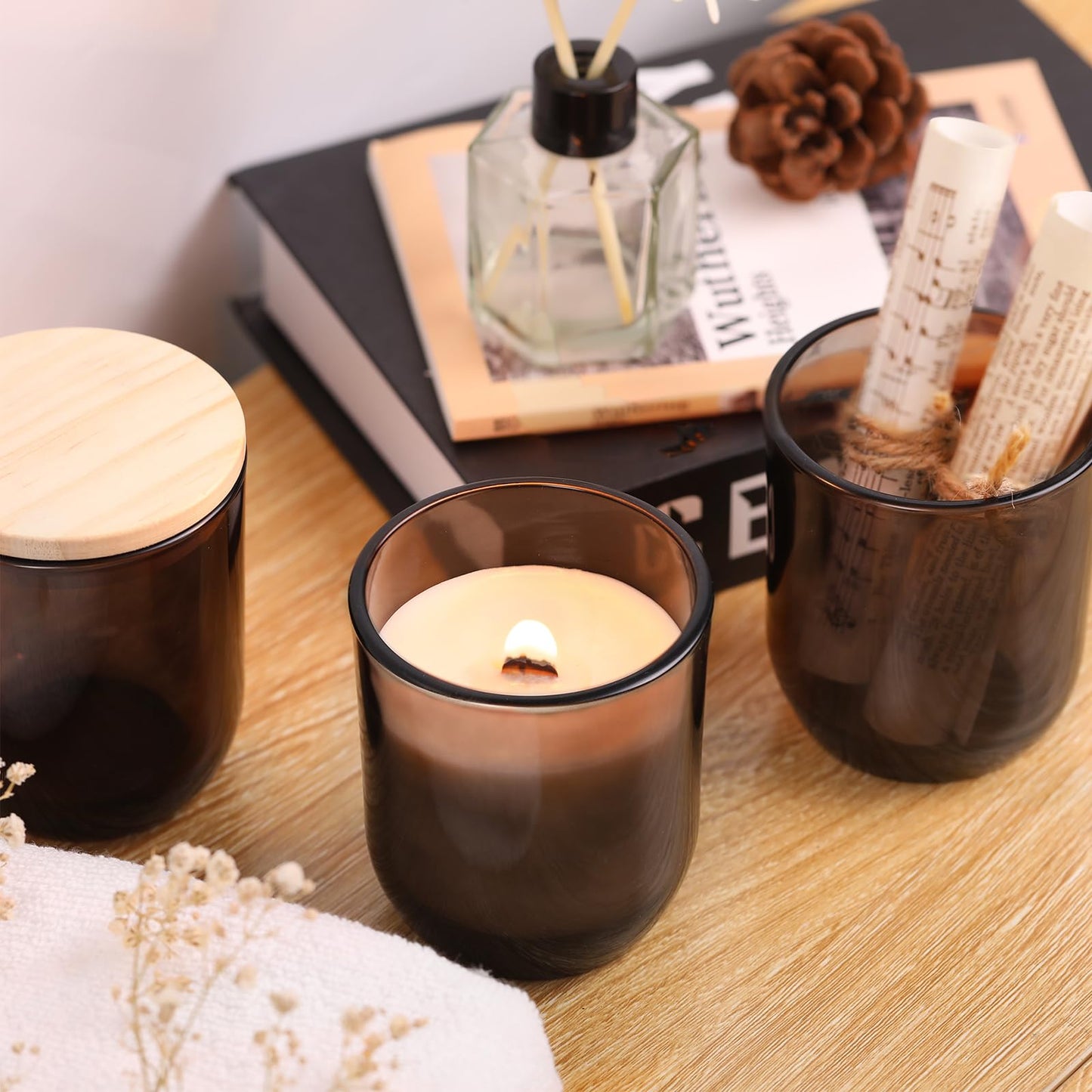 LETINE 12PCS 8oz Smoke Gray Glass Candle Jars with Lids - Perfect for Candle Making, Storage & Gifts