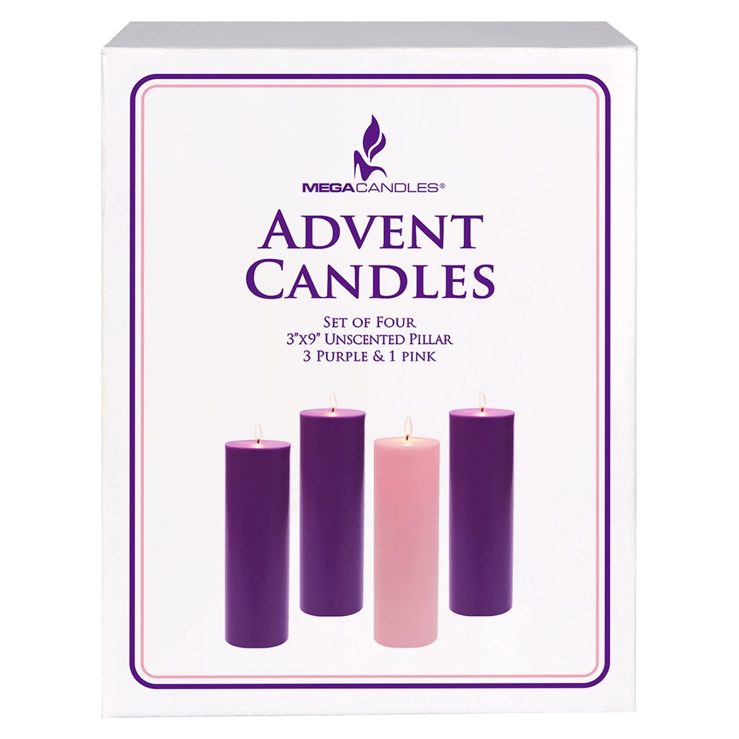 Mega Candles 4 pcs Unscented Christmas Advent Candles Set, Hand Poured Premium Wax Round Pillar Candle 3 Inch x 9 Inch, Holidays, Occasions, Events, Festivities, Devotional, Church, Wreath, Gifts