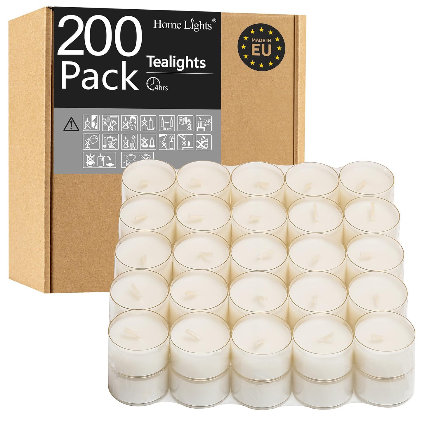 Home Lights Homelights Tea Lights Candles, Giant 100,200,300 Bulk Packs, White Unscented European Smokeless Clear Cup Tea Lights for Shabbat, Weddings, Christmas, Home Decorative- 200 Pack