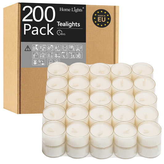 Home Lights Homelights Tea Lights Candles, Giant 100,200,300 Bulk Packs, White Unscented European Smokeless Clear Cup Tea Lights for Shabbat, Weddings, Christmas, Home Decorative- 200 Pack