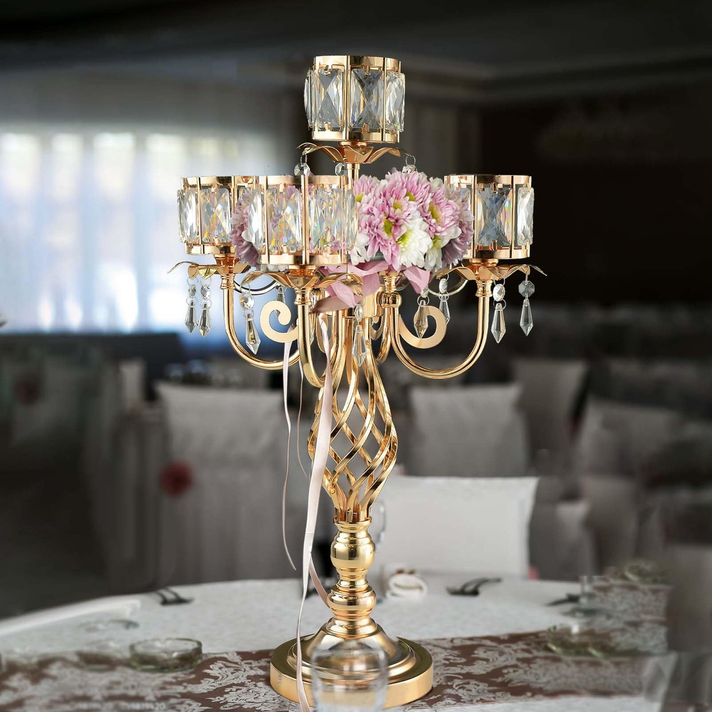 23.2 inch Tall Elegant and Chic 5 Arm Pendant Crystal Candlestick Holder Table Decoration tealight Candle Holder, Candelabra for Gorgeous Wedding/Parties Table Centerpiece (1, Gold)