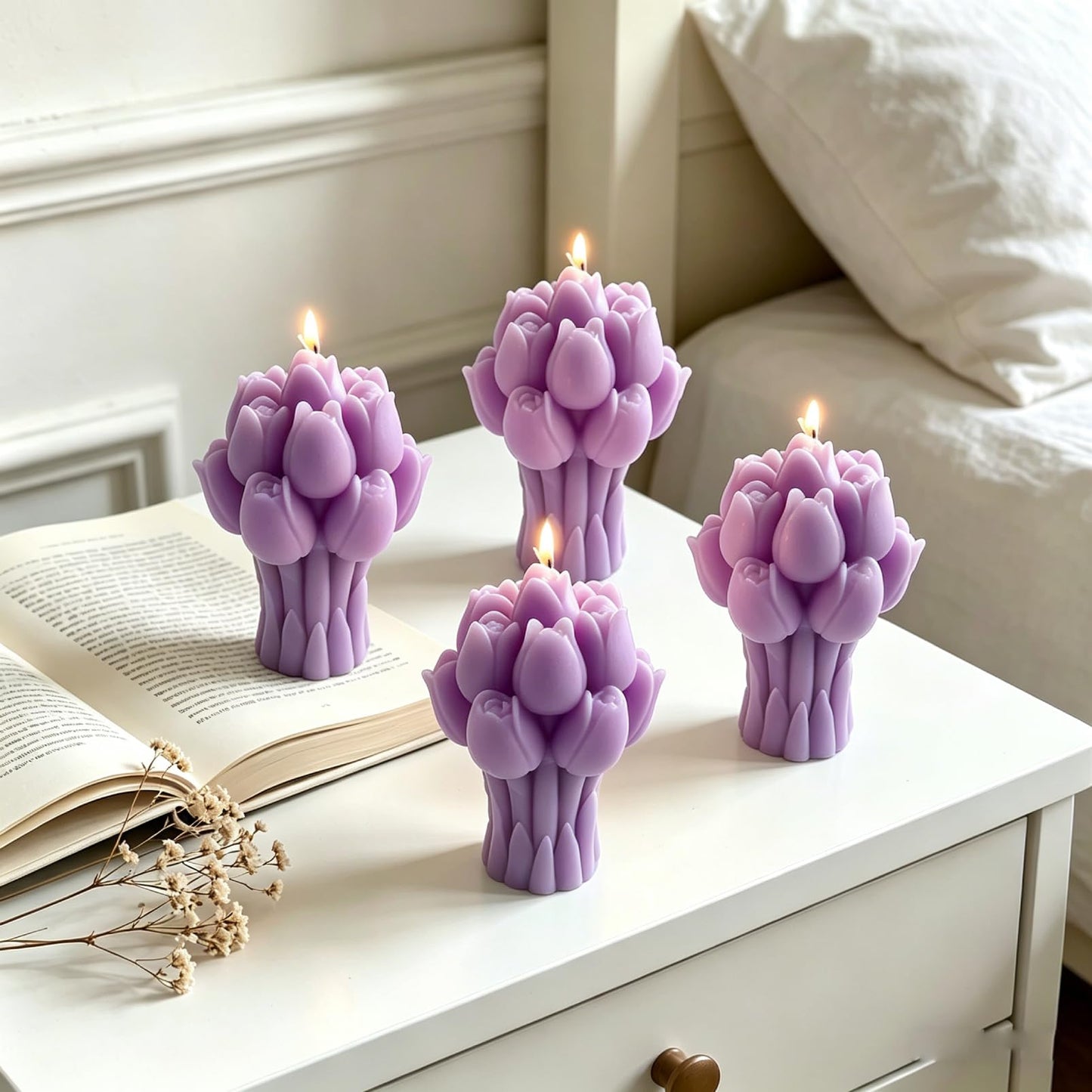 Scented Candles Set for Women Mom,4 Pack Aromatic Tulip Bouquet-Shaped Candle Ornament for Home, Yellow Soy Candles for Living Room and Bedroom, Birthday Bridesmaid Gift Valentines Day Candle