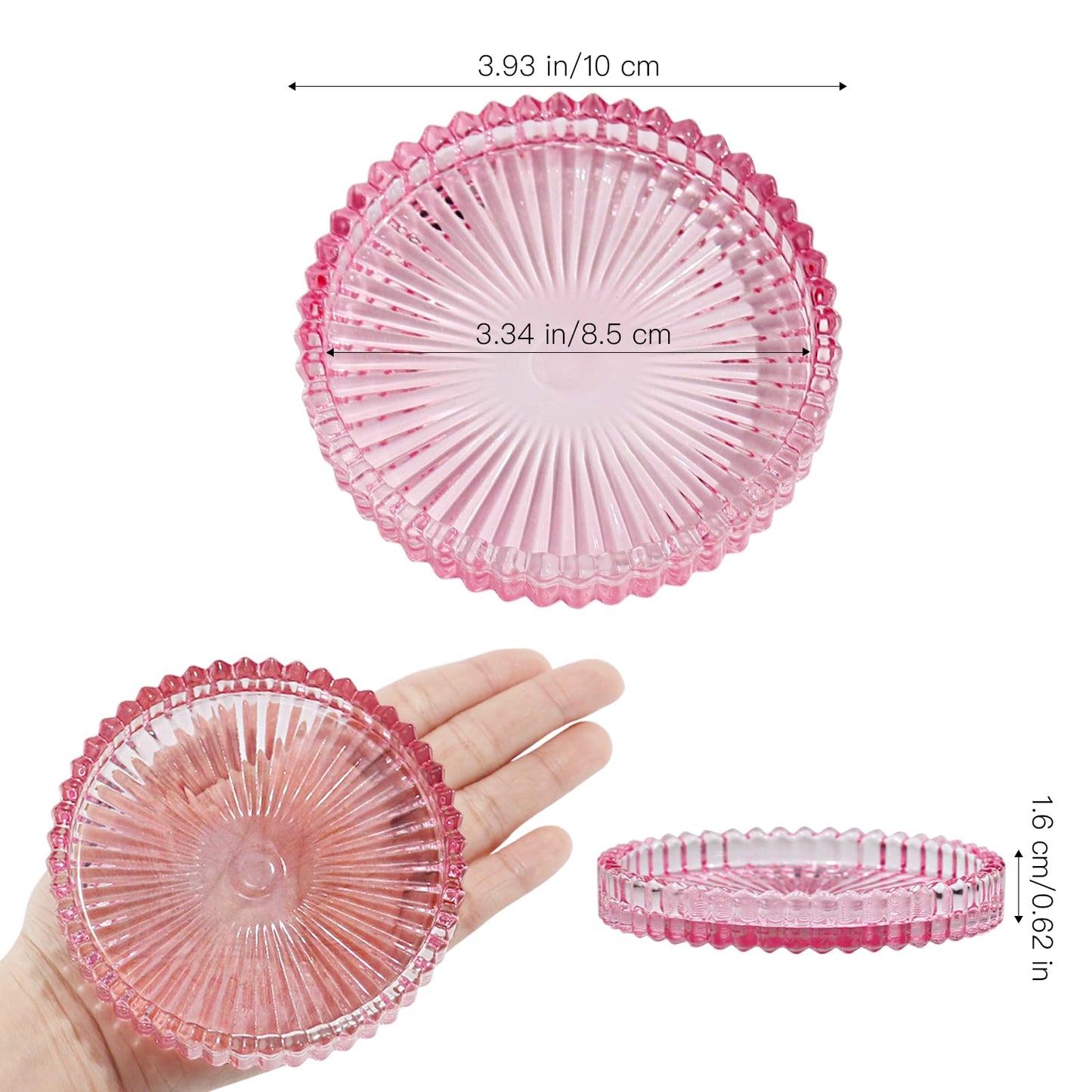 CHOCSTAY Glass Pillar Candle Holder, 4" Pink Candle Plates Set of 3, Glass Candle Holders for Wedding, Party, Holiday, Home Decor, Table Centerpiece