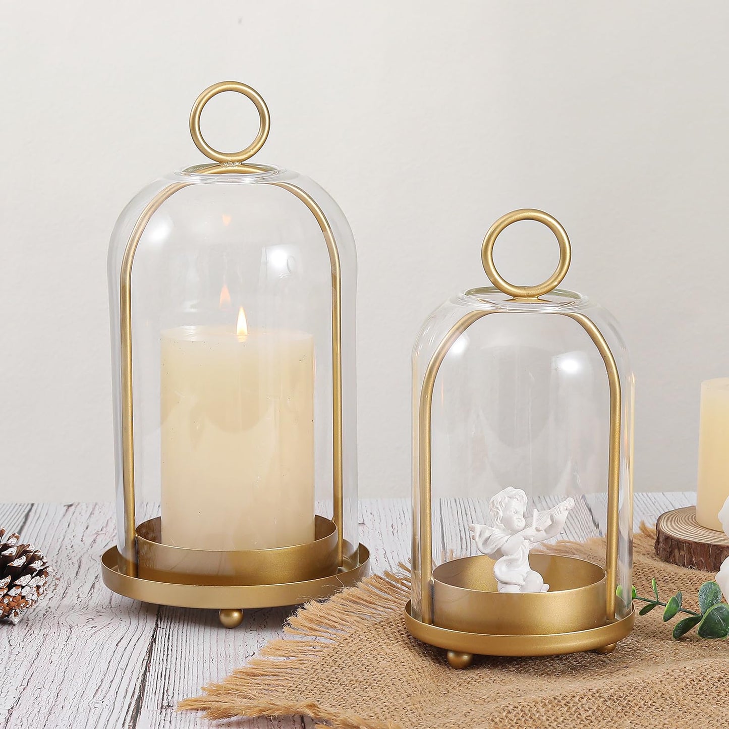 Versatile Metal Candle Holder Set with Handmade Glass Dome,Antique Brass Pillar Candle Stand, 5.2" & 4.1" Wide for Tabletop or Hanging, Industrial & Farmhouse Decor