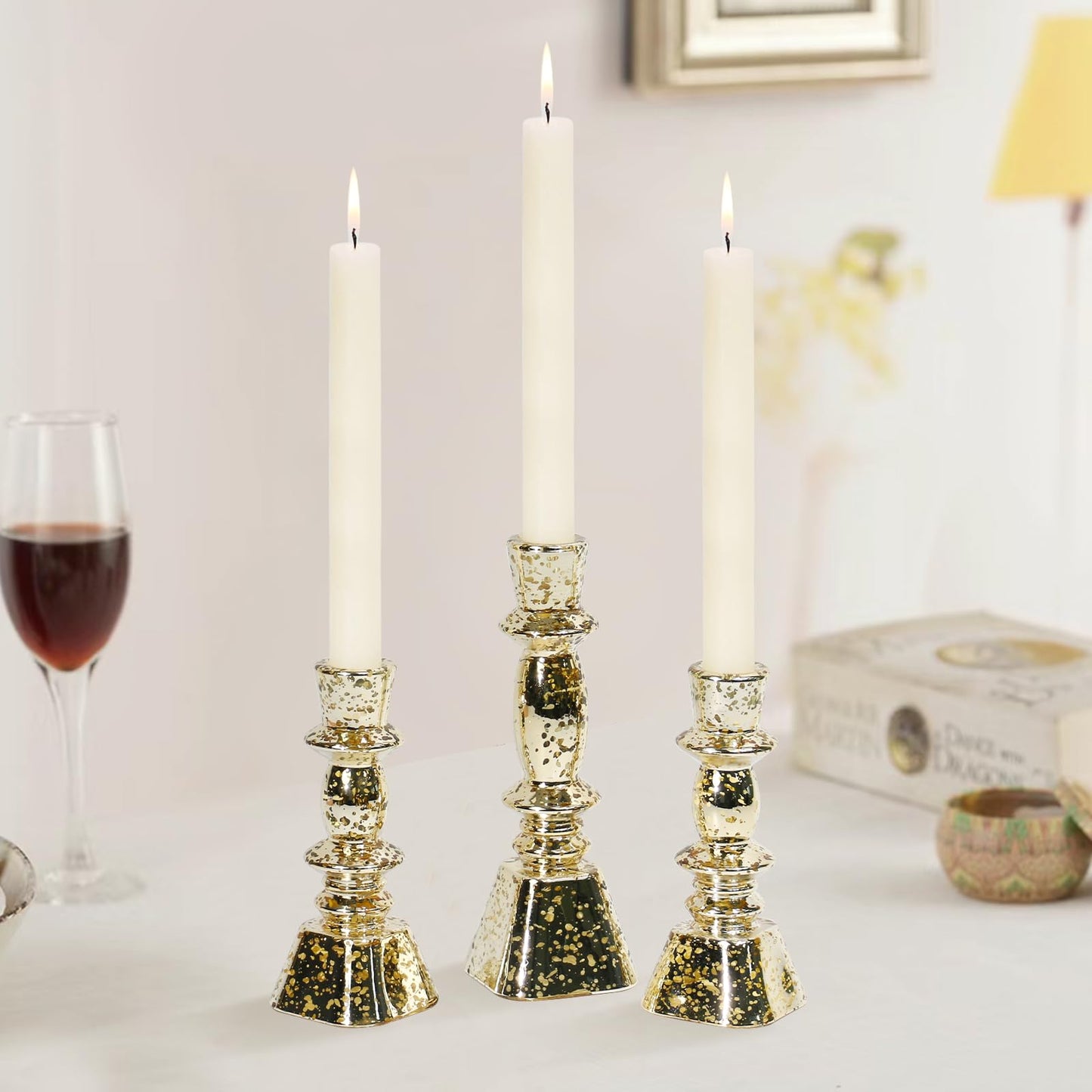 CHOCSTAY Glass Candlestick Holders Set of 3,Mercury Glod Taper Candle Holders for Table Centerpiece, Home Decorations, Wedding and Party