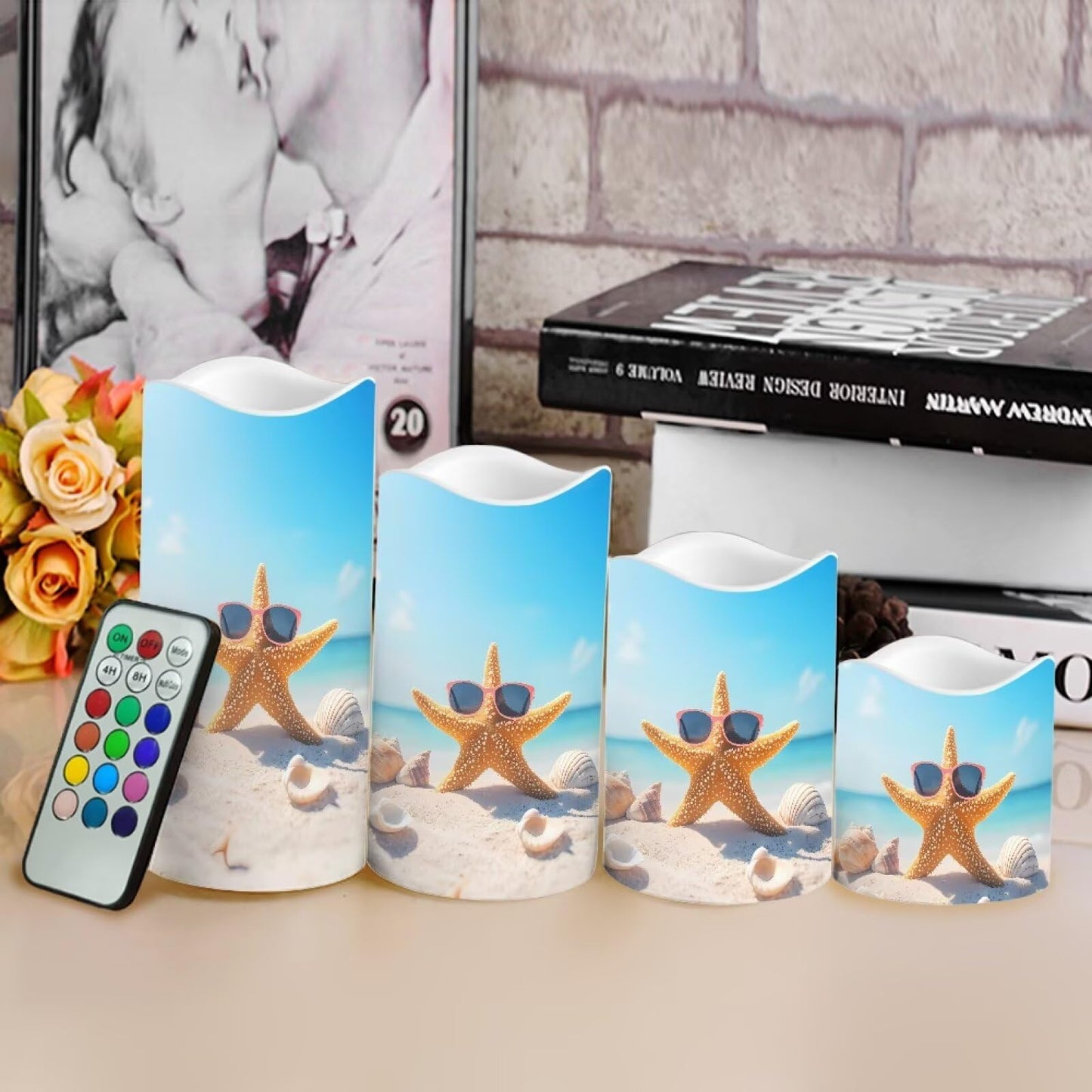 Cozeyat Ocean Turtle Flameless Candles Set of 4 Battery Powered LED Pillar Candles with Remote Timer Flickering for Indoor Outdoor Home Garden Beach