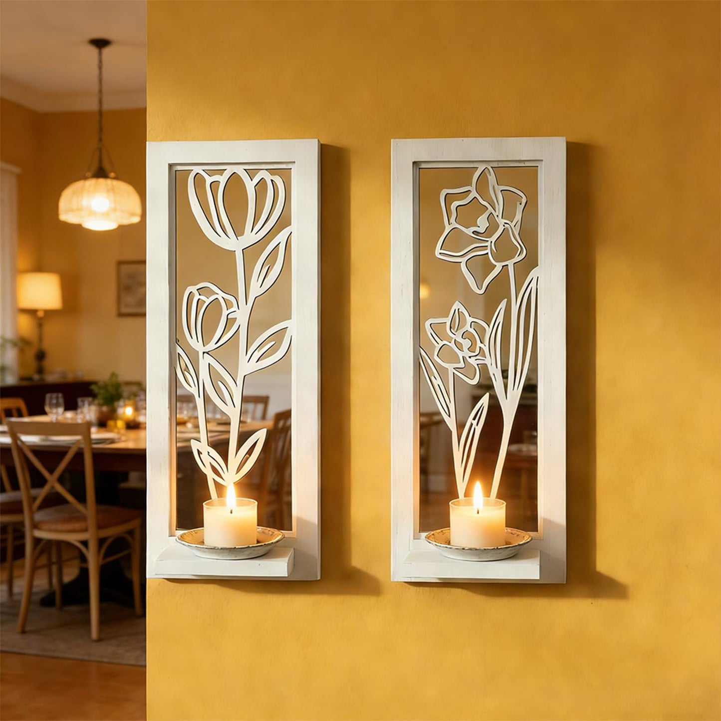 ZEXUIRU 2 Set Rustic Candle Sconces Living Room Bedroom Entryway Wood Mirrored, Farmhouse, Carved Frame Wall-Mount Wooden Candle Holders Wall Decor Hanging Handmade Holder - Distressed White
