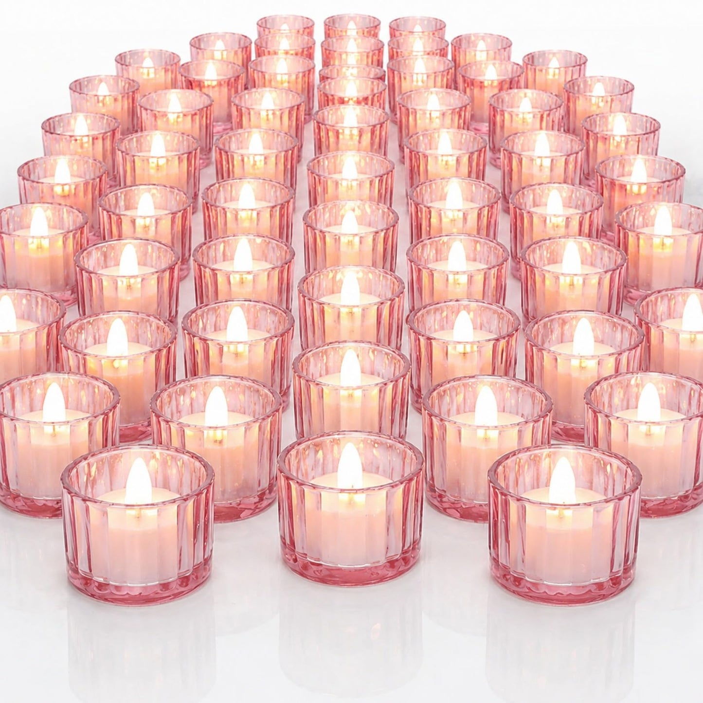 Mumufy 100 Pcs Glass Tealight Candle Holder Ribbed Votive Candle Holder for Centerpiece Wedding Proposal Spa Aromatherapy Meditation Home Decor (Pink)