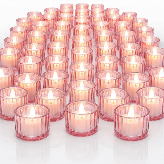 Mumufy 100 Pcs Glass Tealight Candle Holder Ribbed Votive Candle Holder for Centerpiece Wedding Proposal Spa Aromatherapy Meditation Home Decor (Pink)