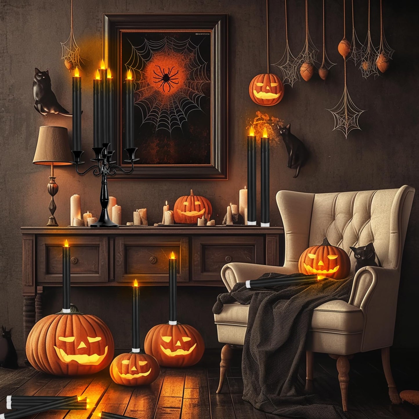 wemarry Flameless Taper Candles 10.6" Dripless Battery Operated Taper Candles Included Remote Timer 400+ Hours by 2AA Batteries for Halloween Christmas Wedding (Black, 24 Pack)