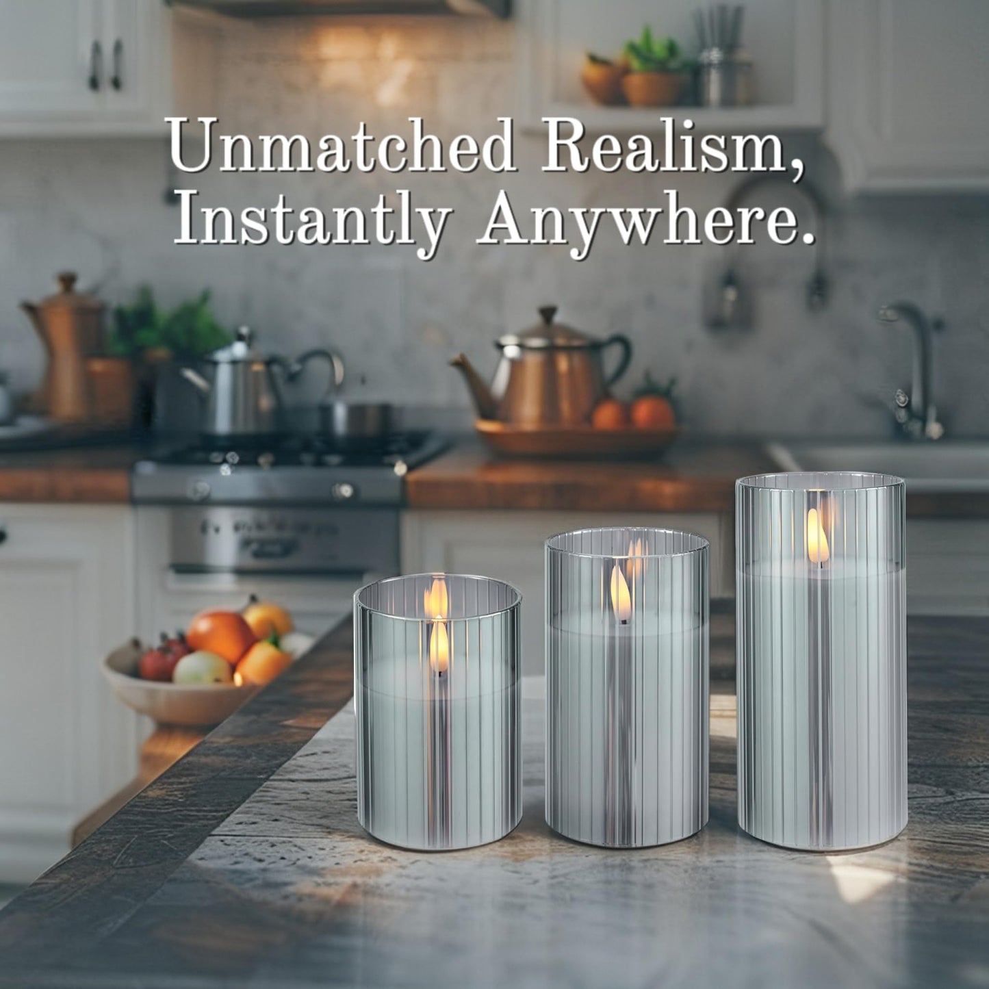 VENTA Flickering Flameless Candles With Remote Control - Led Candles Battery Operated - Battery Operated Candle For Decoration Table, Timer & Dimmer Features, Set - 3Pcs (4",5",6") (Grey Ribbed Glass)