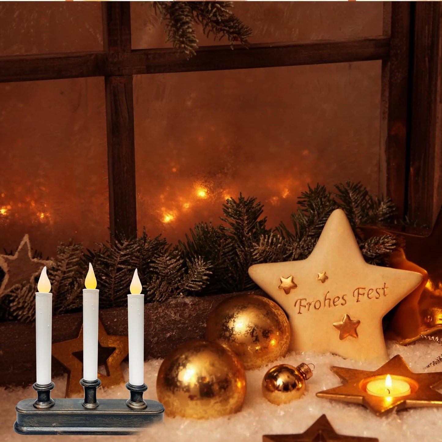 GOOTHY Battery-Operated LED Window Candles with Sensor Dusk to Dawn, 3 Lights Christmas Window Candles with Flickering Flameless LED Lights, 9'' Flameless Taper Candle for Table Home Christmas Decor