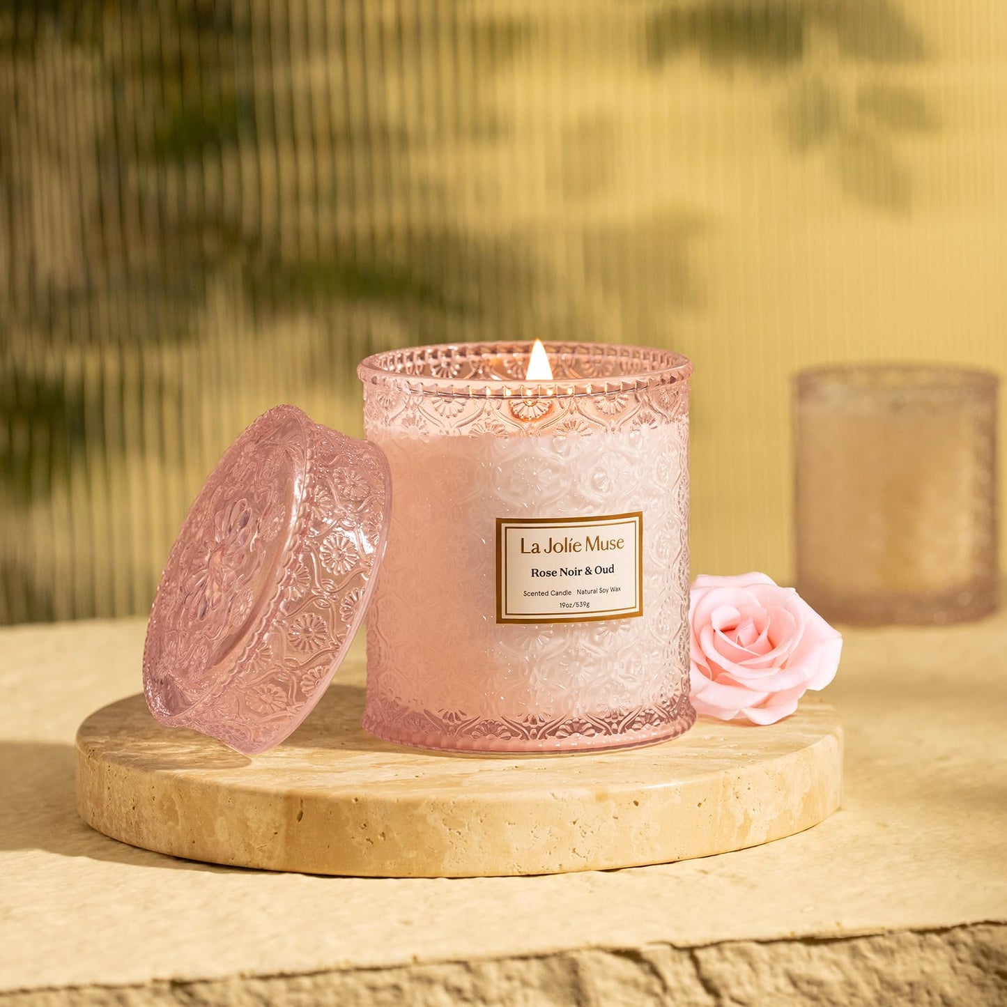 LA JOLIE MUSE Rose Noir & Oud Scented Candle – Lemon, Rose & Oud |19 oz Large Wooden Wick Candle | Natural Soy Wax | 90 Hours Clean Burn | Gift-Ready for Hosts & Gatherings | Elegant Home Décor