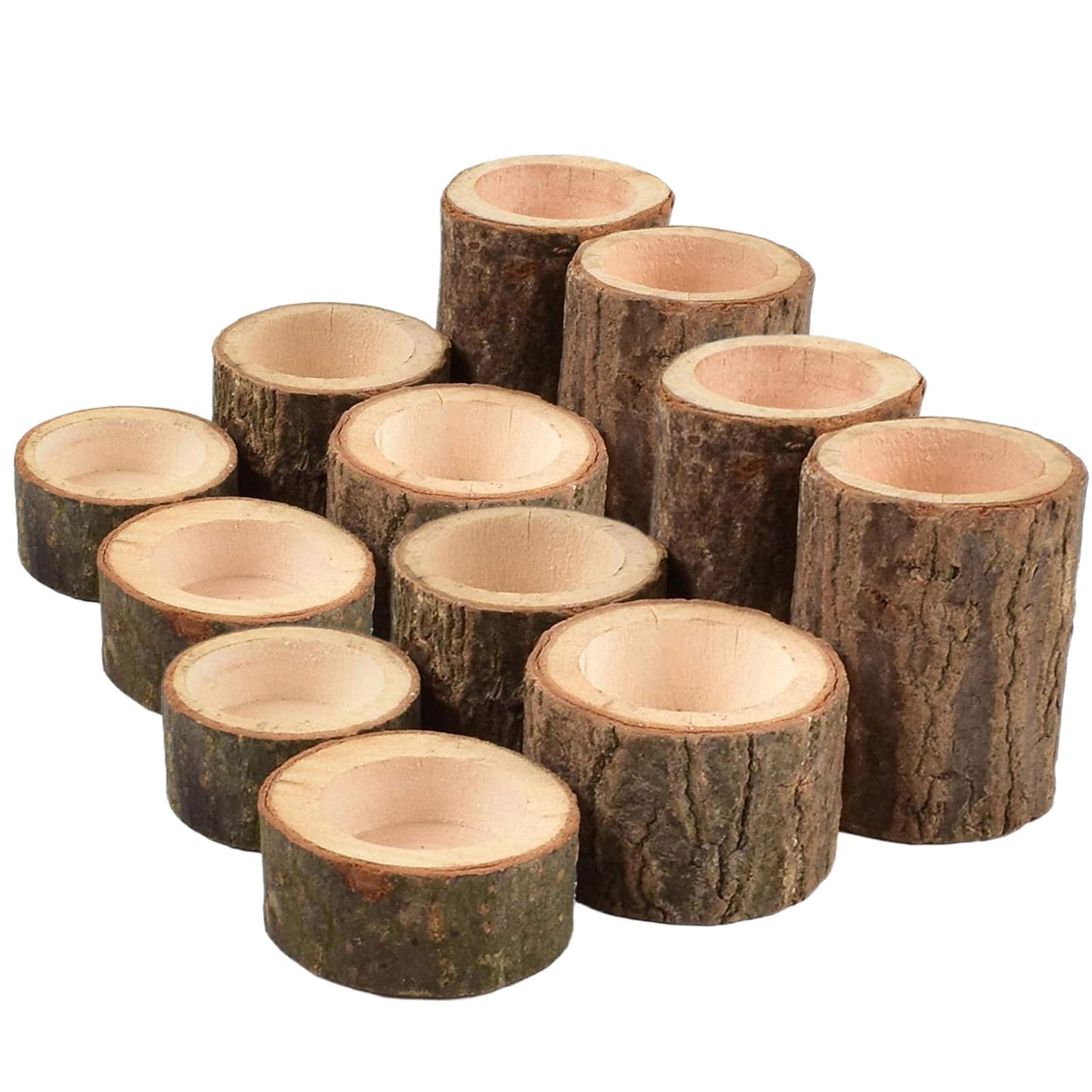 Tesytto Set of 12 Wooden Tea Light Candle Holders, Personalized Natural Wooden Votive Vintage Tea Light Candle Holders for Rustic Centerpieces for Dining Table Wedding Party (Set of 12)