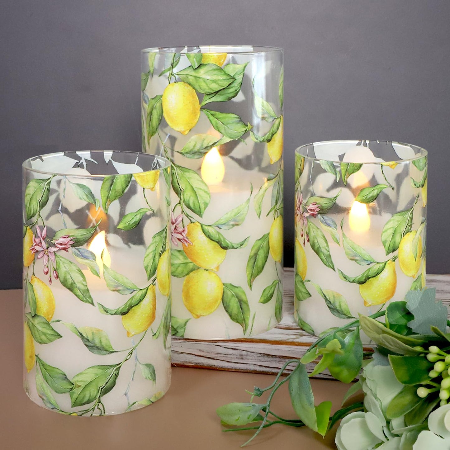 FLAVCHARM Lemon Glass Flameless Candles with Remote Timer Battery Operated LED Flicker Real Wax Pillar Candles Spring Summer Lemonade Party Kitchen Table Dinner Christmas Holiday Decor D3 x H4, 5", 6"