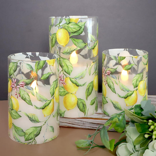 FLAVCHARM Lemon Glass Flameless Candles with Remote Timer Battery Operated LED Flicker Real Wax Pillar Candles Spring Summer Lemonade Party Kitchen Table Dinner Christmas Holiday Decor D3 x H4, 5", 6"