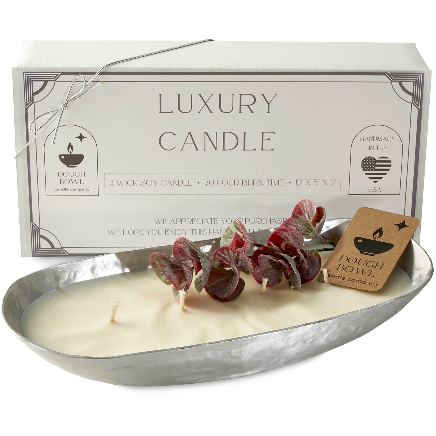 Dough Bowl Candle Co. Luxury Candle - Scented Luxury Candles for Home, 12x5x2 Inch Vessel for Women and Men, Fancy 4 Wick for All Occasions (Silver, White Eucalyptus)
