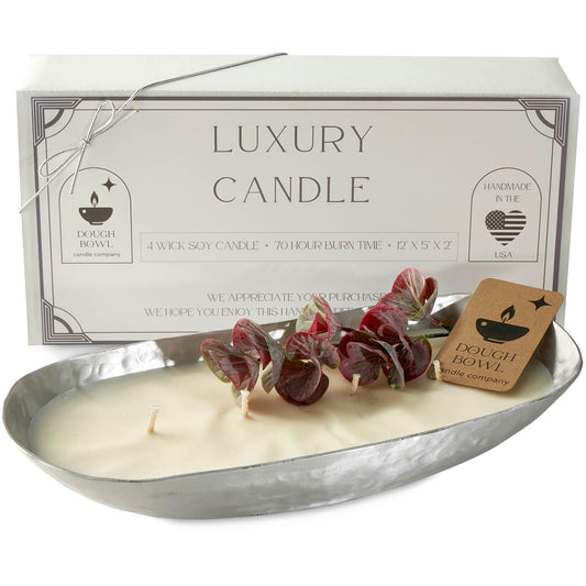 Dough Bowl Candle Co. Luxury Candle - Scented Luxury Candles for Home, 12x5x2 Inch Vessel for Women and Men, Fancy 4 Wick for All Occasions (Silver, White Eucalyptus)