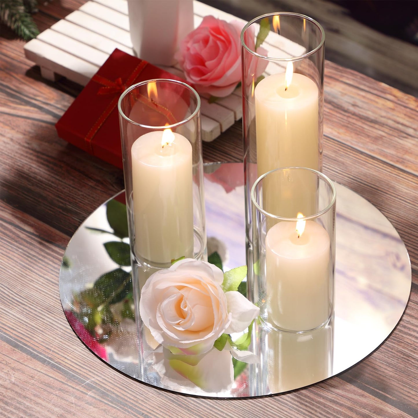 Shihanee Set of 12 Pillar Candles and Glass Cylinder Vases Clear Cylinder CandleHolders for Slim Pillar Candles Wedding Centerpieces(2.6''x 4.7'', 5.9'', 7.9'',Ivory White)