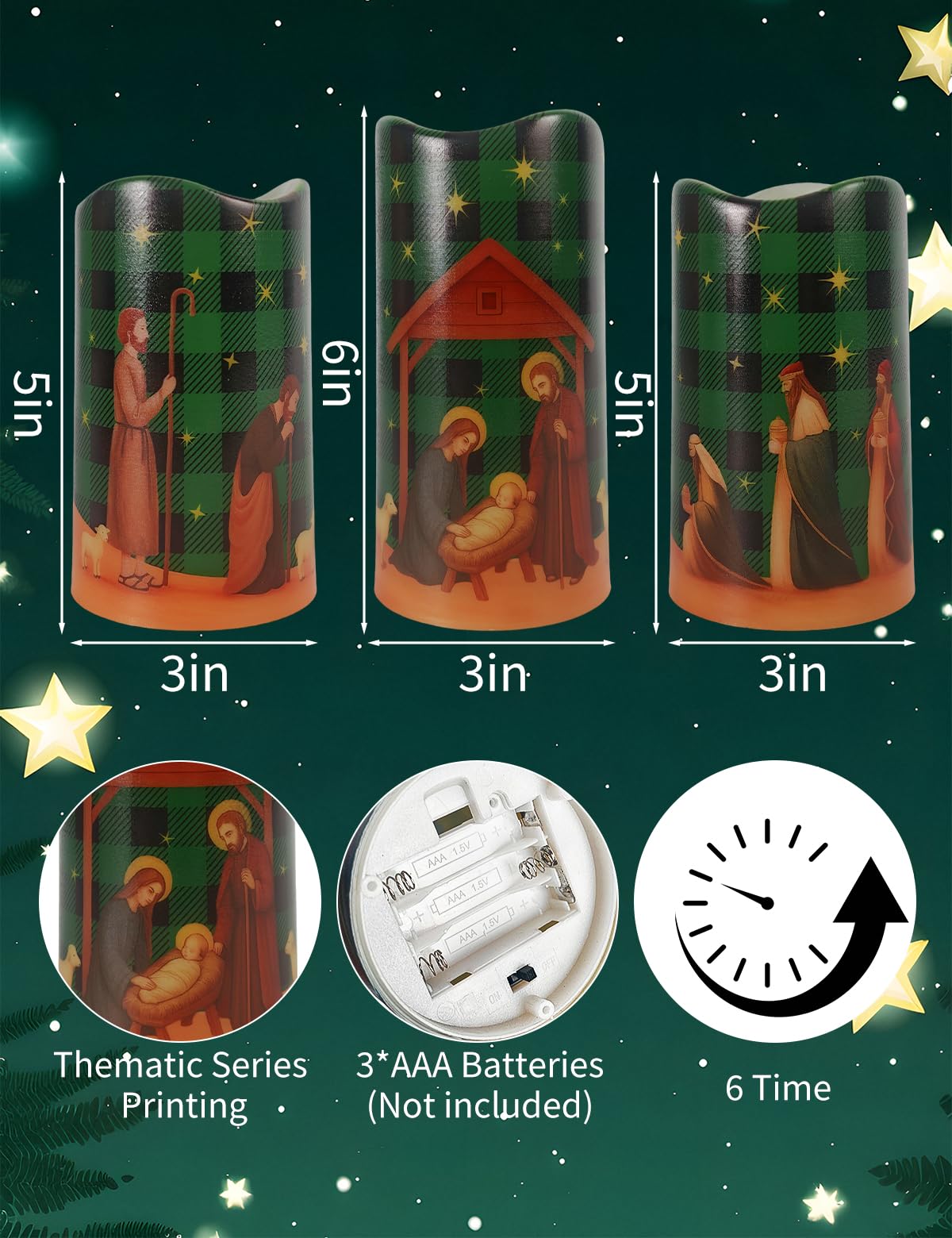 Glflickerow 3Pcs Christmas Green and Black Nativity Scene Flameless Candles LED Pillar Jesus Religion Candle Battery Operated with Timer for Xmas Christian Holiday Table Home Decor Church Party