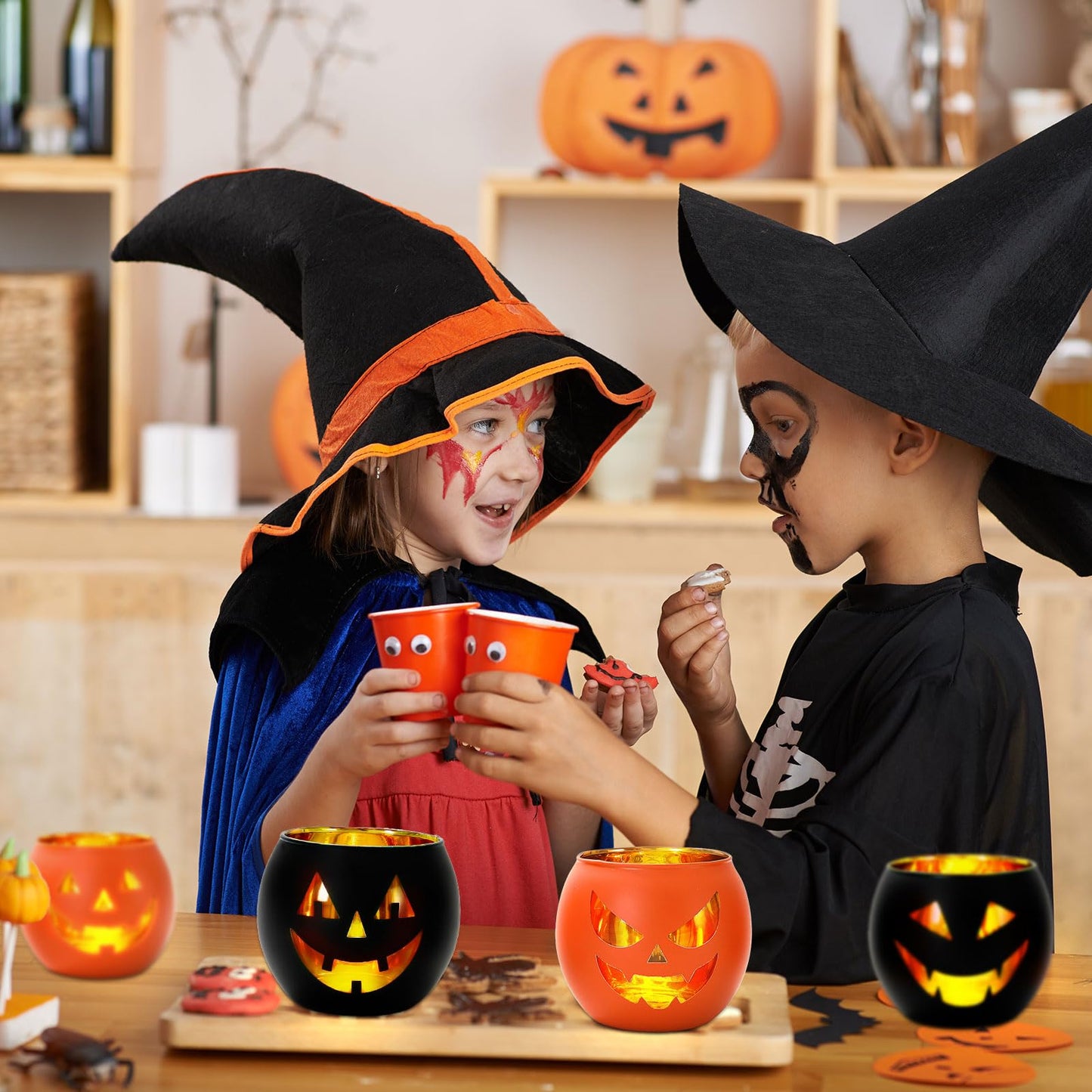 Whaline 6Pcs Halloween Candle Holder Black Orange Pumpkin Face Candlestick Glass Holder for Home Party Table Centerpiece Decor Supplies
