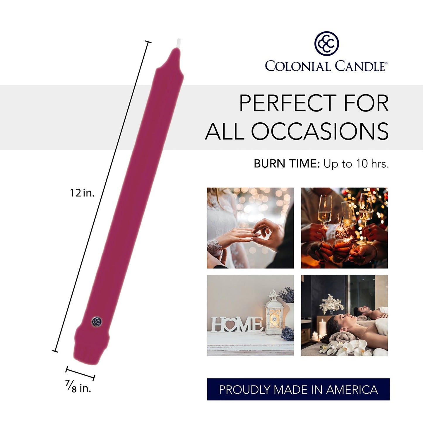 Colonial Candle Unscented Taper Candle, Classic Collection, Mulberry, 12 in, Pack of 12 - Up to 10 Hours Burn