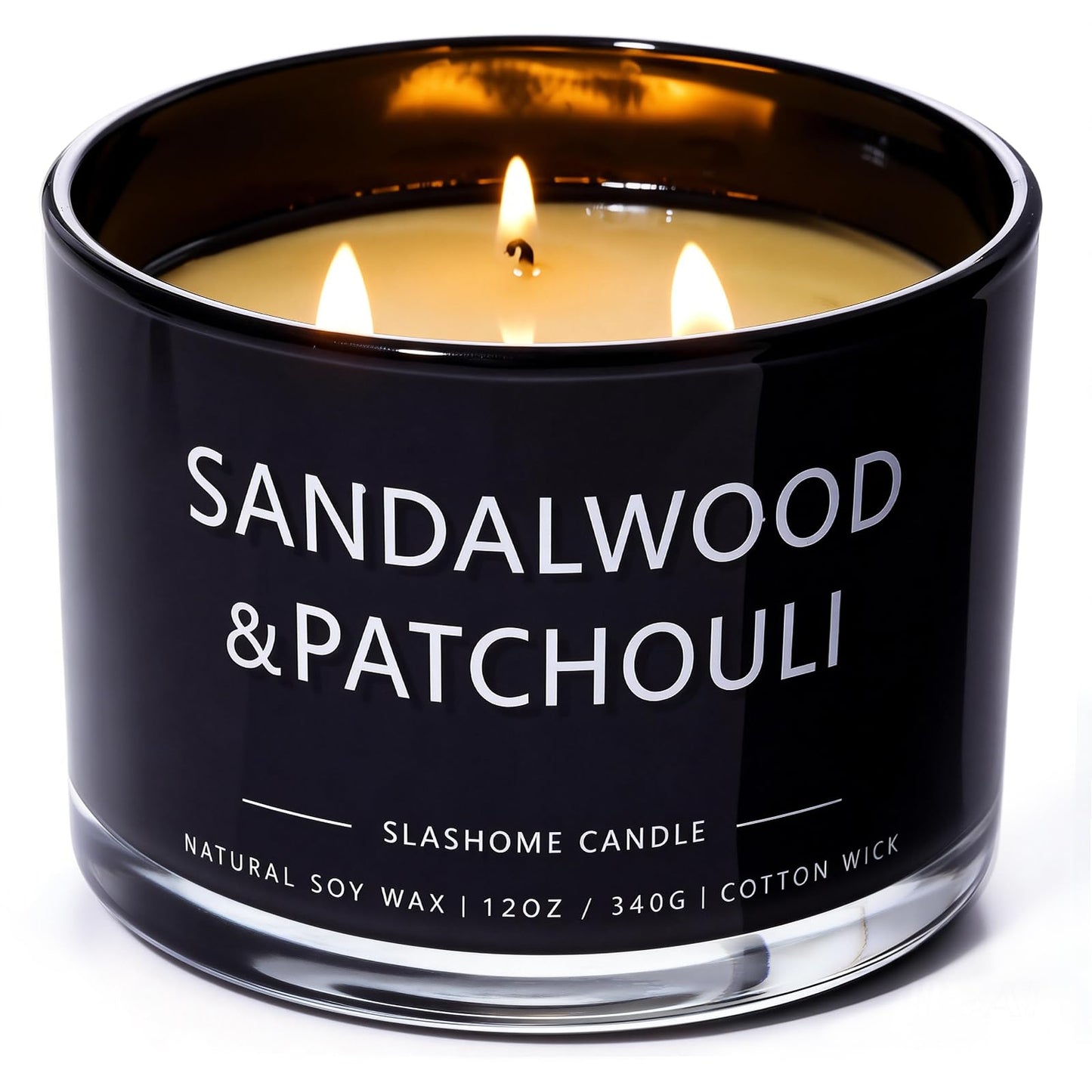 Sandalwood & Patchouli Scented Candle, Luxury Large 3 Wick Soy Candle 12 Oz, 60+ Hour Long Lasting Clean Burn, Elegant Aromatherapy Home Decor, Housewarming & Birthday Gift for Men & Women