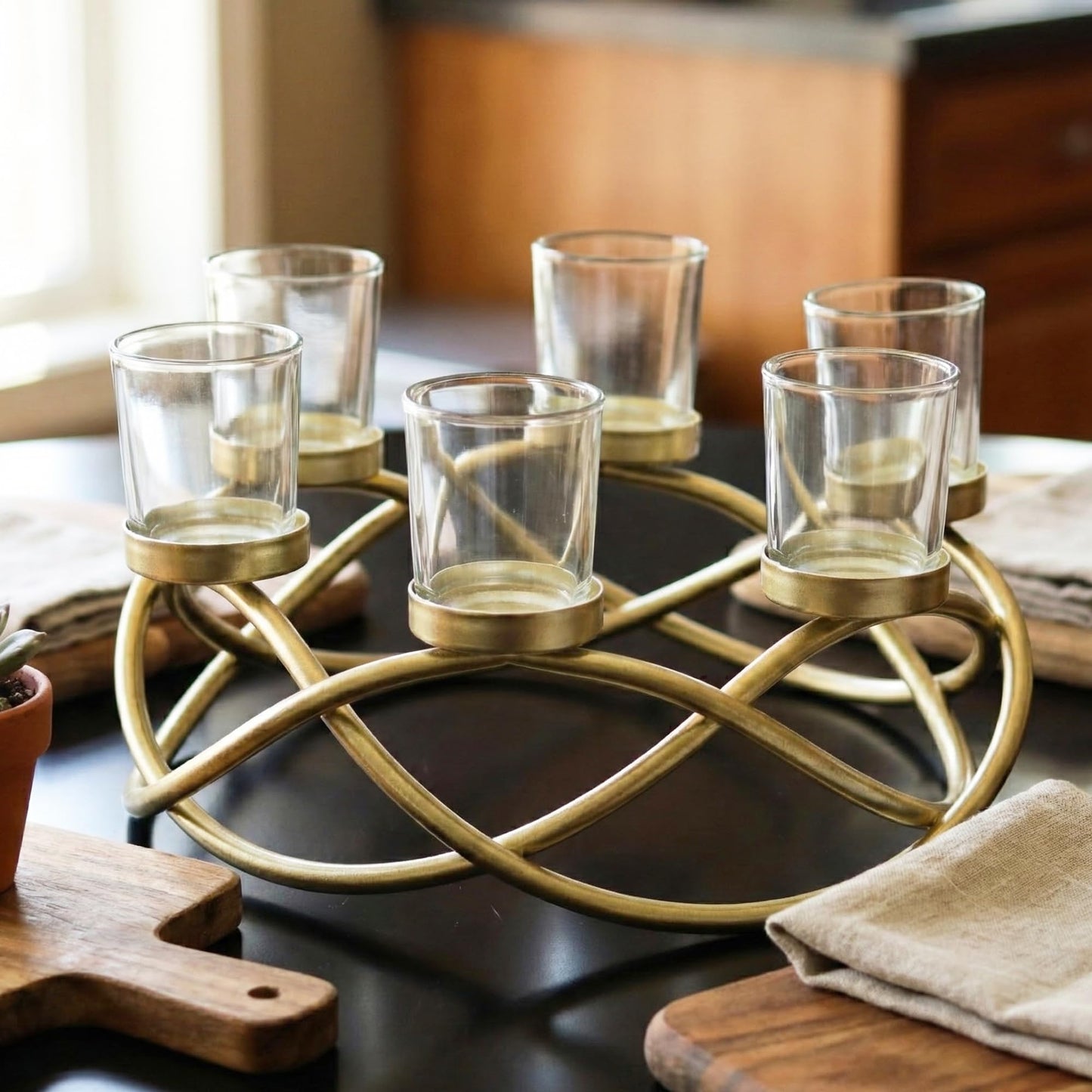 Seraphic Centerpieces for Table Decorations - Round Candle Holders for Outdoor Patio, Dining, Kitchen, Coffee & Wedding Table Decor, Gold Iron Candelabra, 6 Clear Glass Votive Tealight Cups