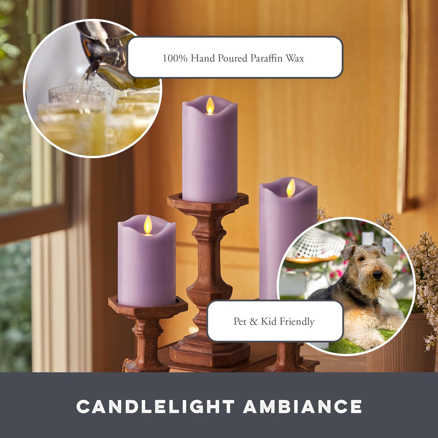Matchless Candle Co. by Luminara - Flameless LED Battery Operated Flickering Pillar Candles - Pastel Purple - Set of 3 - Indoor Outdoor Decor Safe