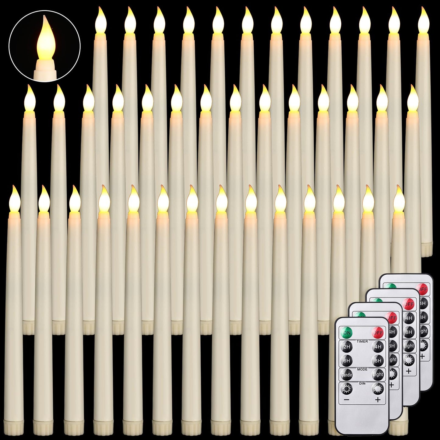 Tuanse 50 Pcs Flameless Taper Candles with Remote Timer and Dimmer Ivory Battery Operated CandleSticks LED Flickering Flameless Candle for Wedding Home Christmas Halloween Party Decor(9.7 Inch)