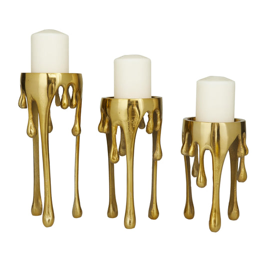 CosmoLiving by Cosmopolitan Aluminum Metal Abstract Decorative Candle Holder Melting Drip Candle Stand, Set of 3 Candlestick Holder 12", 10", 8"H, Gold