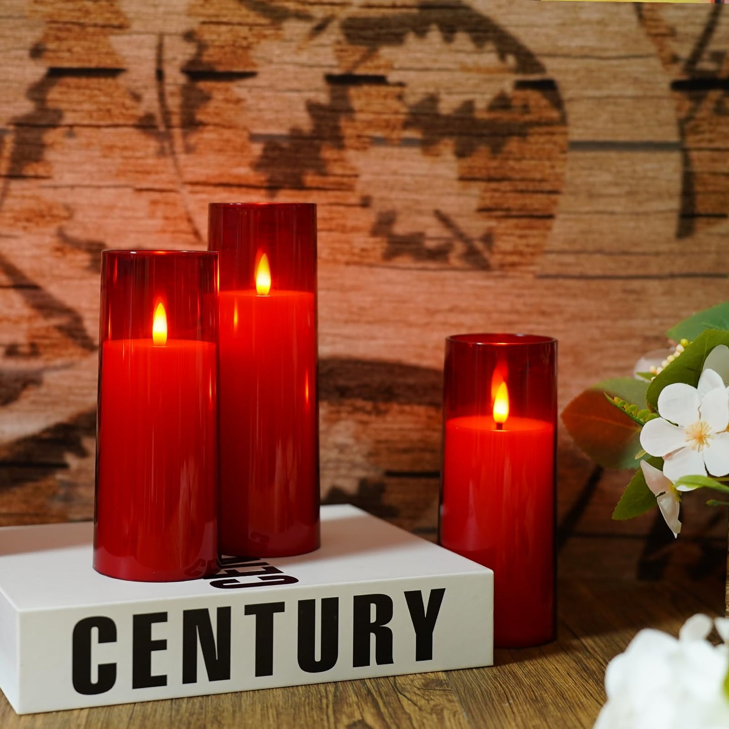 kakoya Flickering Flameless Candles Battery Operated with Remote and 2/4/6/8 H Timer Plexiglass Led Pillar Candles Pack of 9 (D2.3 xH5.5 6.5" 7.5") with Realistic 3D Wick Candles for Home Decor(Red)