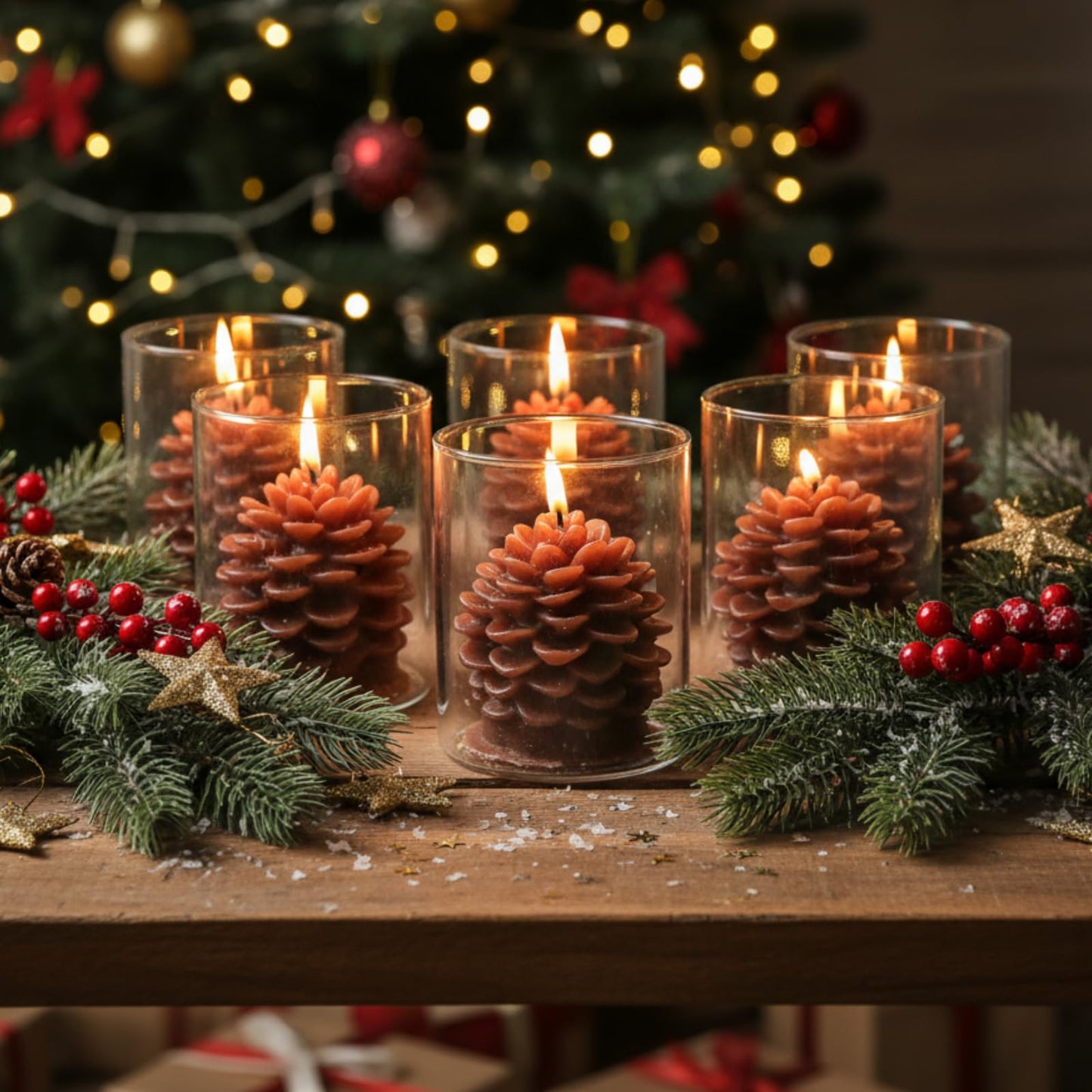 Riakrum 6 Sets Pine Cone Candles Flammable Acorn Decor with Straight Glass Container Real Wax Unscented Candle for Winter Holiday Decoration