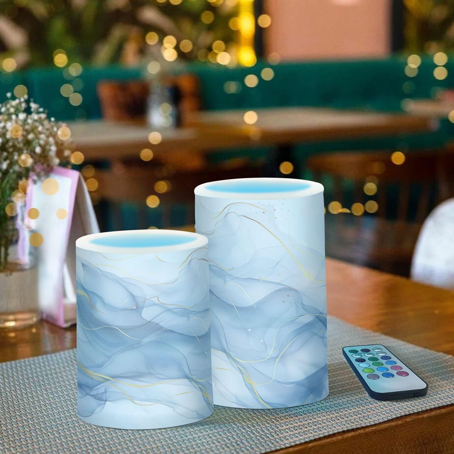YETTASBIN Marble Flameless Candles with Remote Control and Timer, Adjustable Brightness Long Lasting Battery Operated LED Pillar Candles for Indoor Outdoor Party Home Decor, 2 Pack