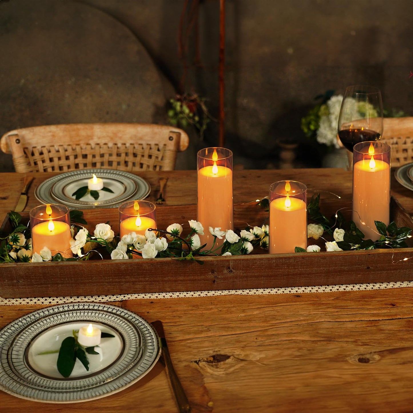 Homemory Amber Flickering Flameless Candles, Battery Operated Acrylic LED Pillar Candles with Remote Control and Timer, Fall Candles, Set of 5