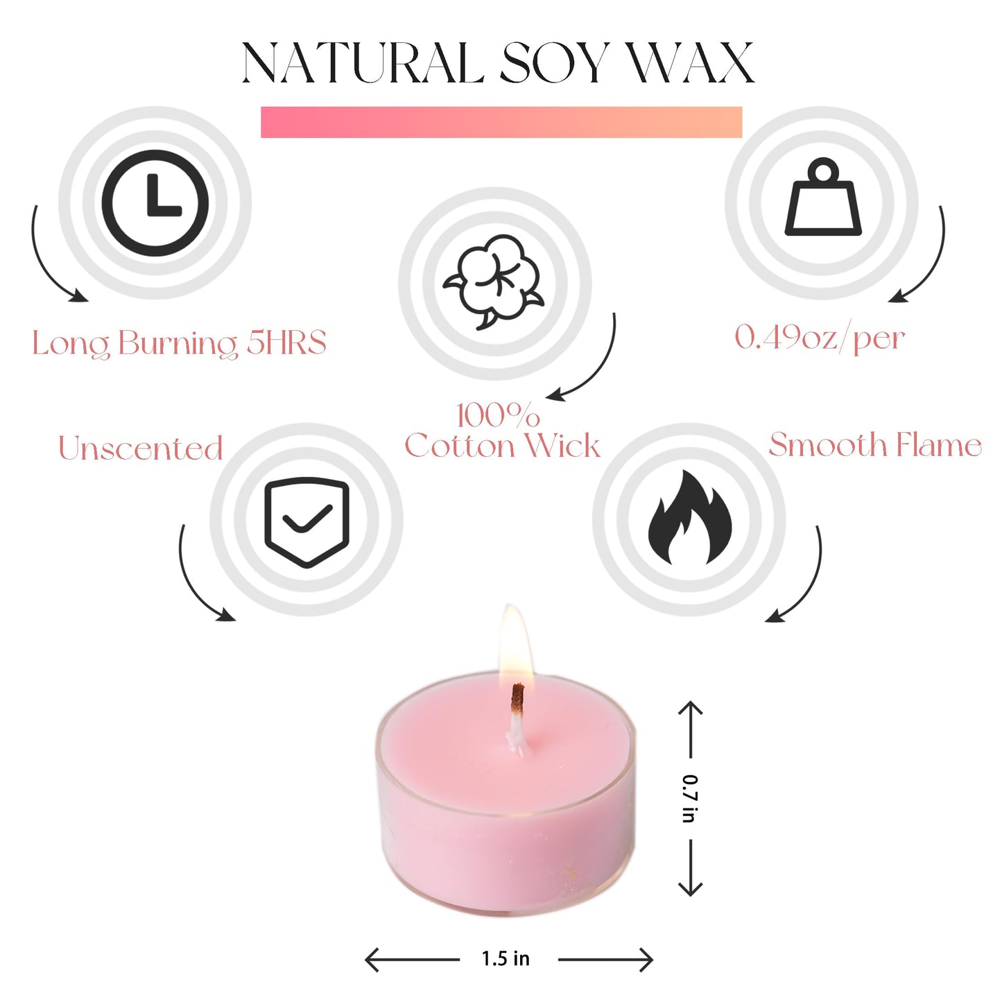 MUUFAZA 12 Unscented Natural Soy Tealight Candles in Clear Cups, 5H Long Clean Burning, Hand-Poured Pink Mini Tea Candle Set for Parties, Spa, Meditation, Gift, Holiday, Emergency, Home Decor