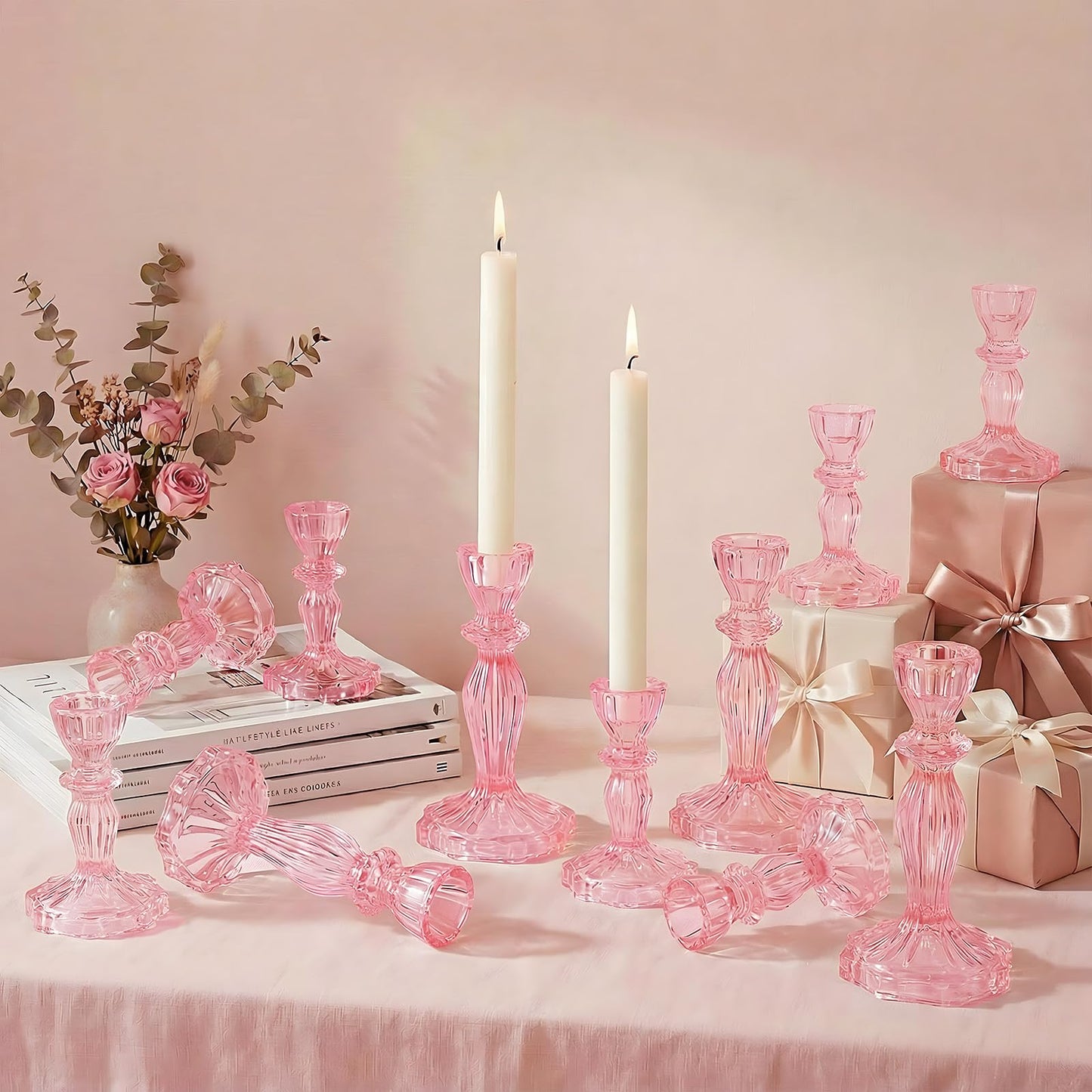 Ferrochef 12 Pack Glass Candlestick Holders Set 4.3/6.1'' Taper Stripe Candle Holder Bulk Floral Shape Crystal Decorative Candle Stand Centerpiece for Table Wedding Dining (Pink)