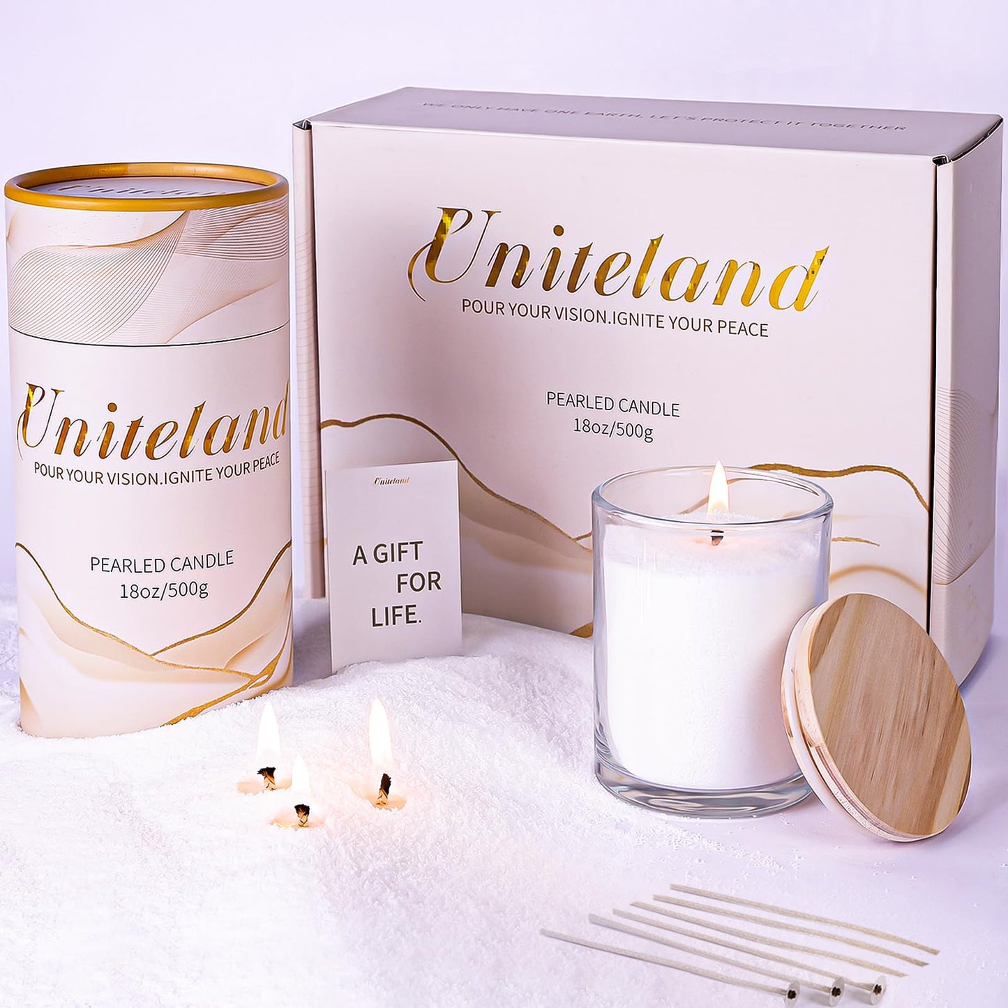 Uniteland Pearled Candle Sand with Wicks, 18oz Non-Toxic Sand Wax, 40 Wicks, Glass Jar, Smokeless Powder Snow Candles, 120 Hours DIY Refillable Beaded Candle Making Kit, Wedding, Home