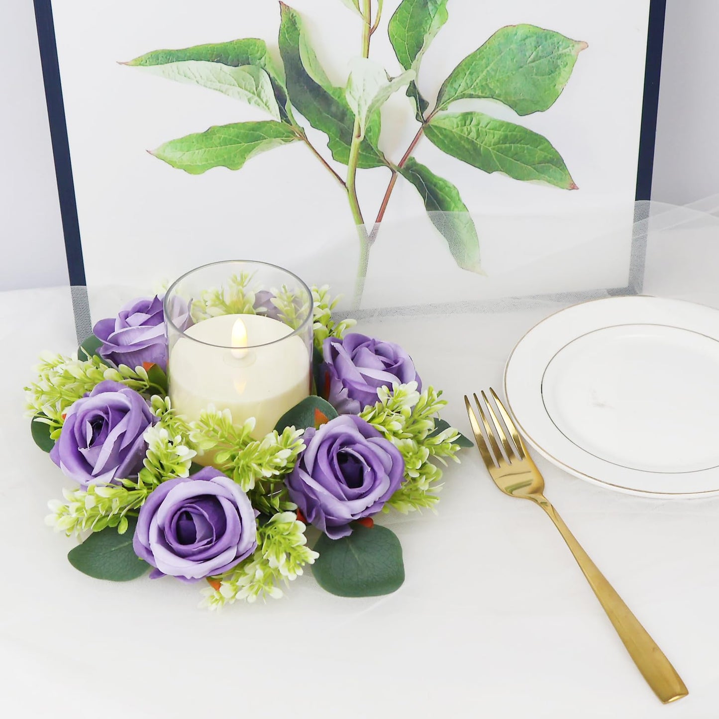 Acmee Purple Rose Candle Rings with Flameless Candles Sets - 12PCS Artificial Flower Eucalyptus Wedding Centerpiece 3 Inch Pillar Candleholders Wreaths for Wedding Party Decor (Purple - 6 Sets)