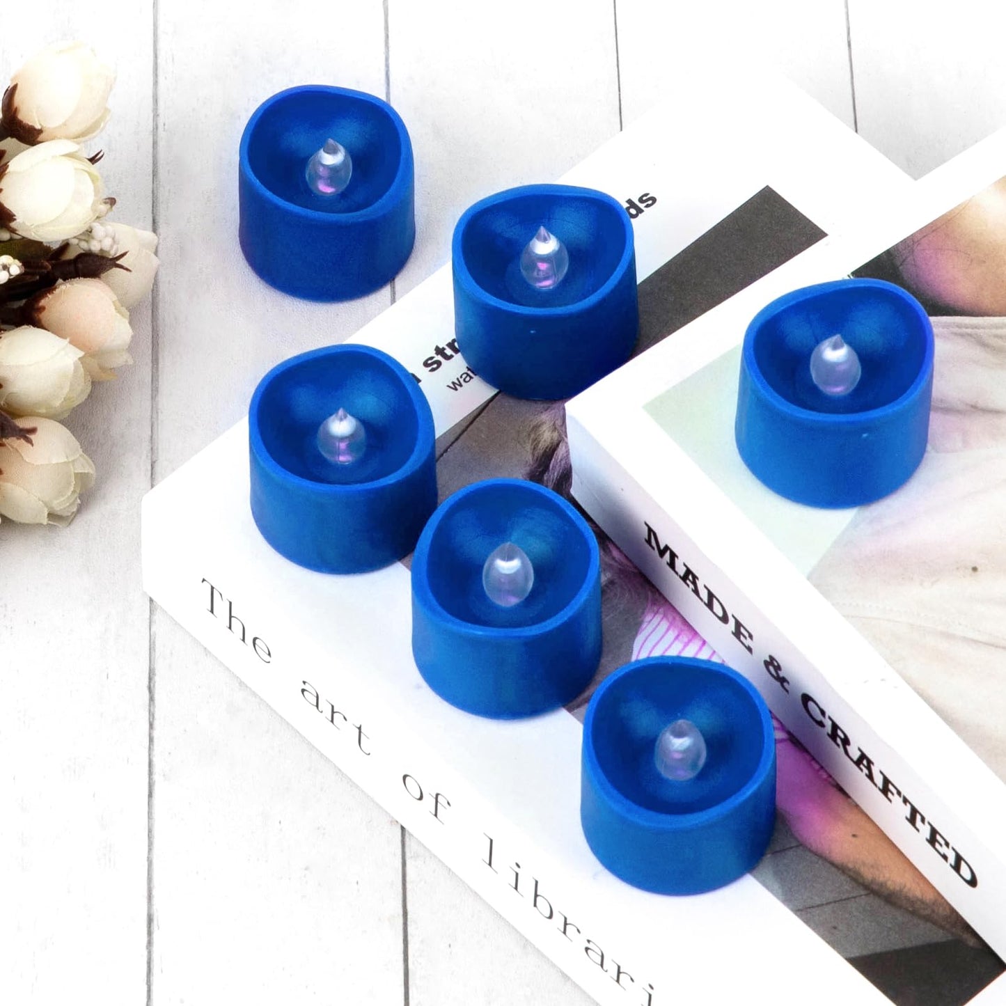 Windshell Blue Flickering Flame Tealight Candles with Auto 6H Timer (No Remote), Battery Operated LED Flameless Tea Lights, for Halloween Christmas Party, 12 Pack