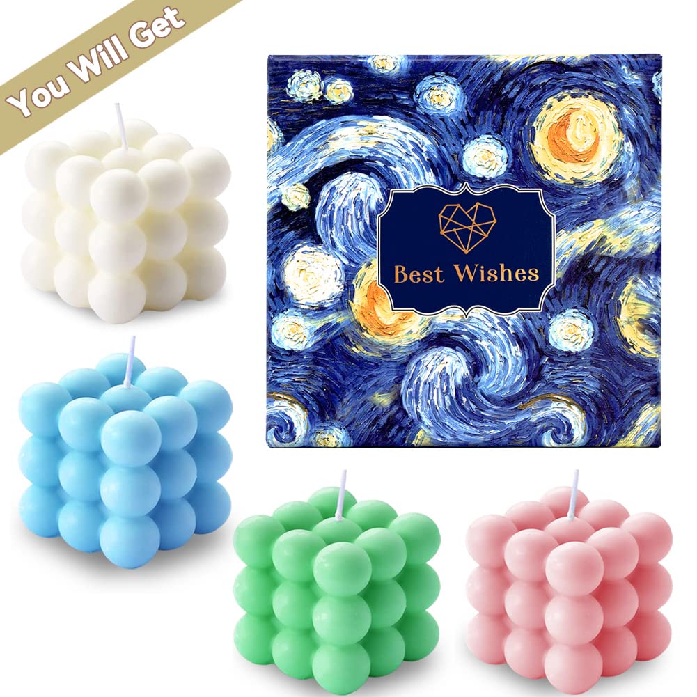 aokala Scented Bubble Cube Candles Gifts Set for Women, Home Decor Scented, 4 Pack 5.4 oz Soy Wax Aromatherapy Candles, Room Aesthetic Bedroom Decoration Gifts, White, Blue, Pink, Green
