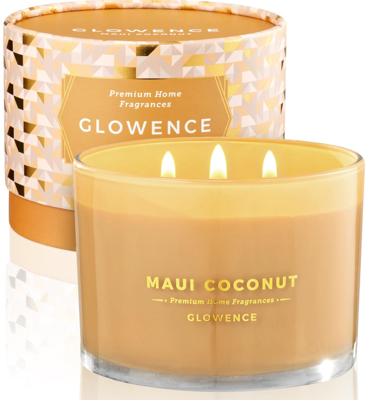 Glowence Luxury Coconut Scented Candle - Large 3 Wick Jar Candle - Elegant Gift for Women & Men - 100% Natural Soy Wax - Up to 40 Hours Burning Time - Housewarming Aromatherapy Candle for Home