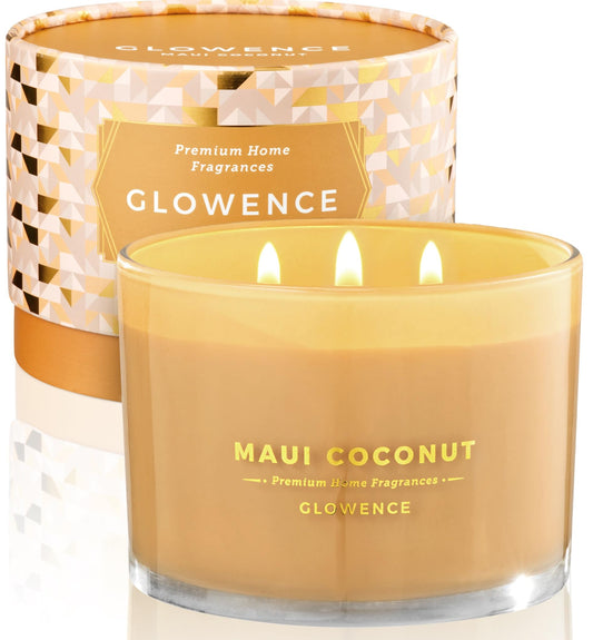 Glowence Luxury Coconut Scented Candle - Large 3 Wick Jar Candle - Elegant Gift for Women & Men - 100% Natural Soy Wax - Up to 40 Hours Burning Time - Housewarming Aromatherapy Candle for Home
