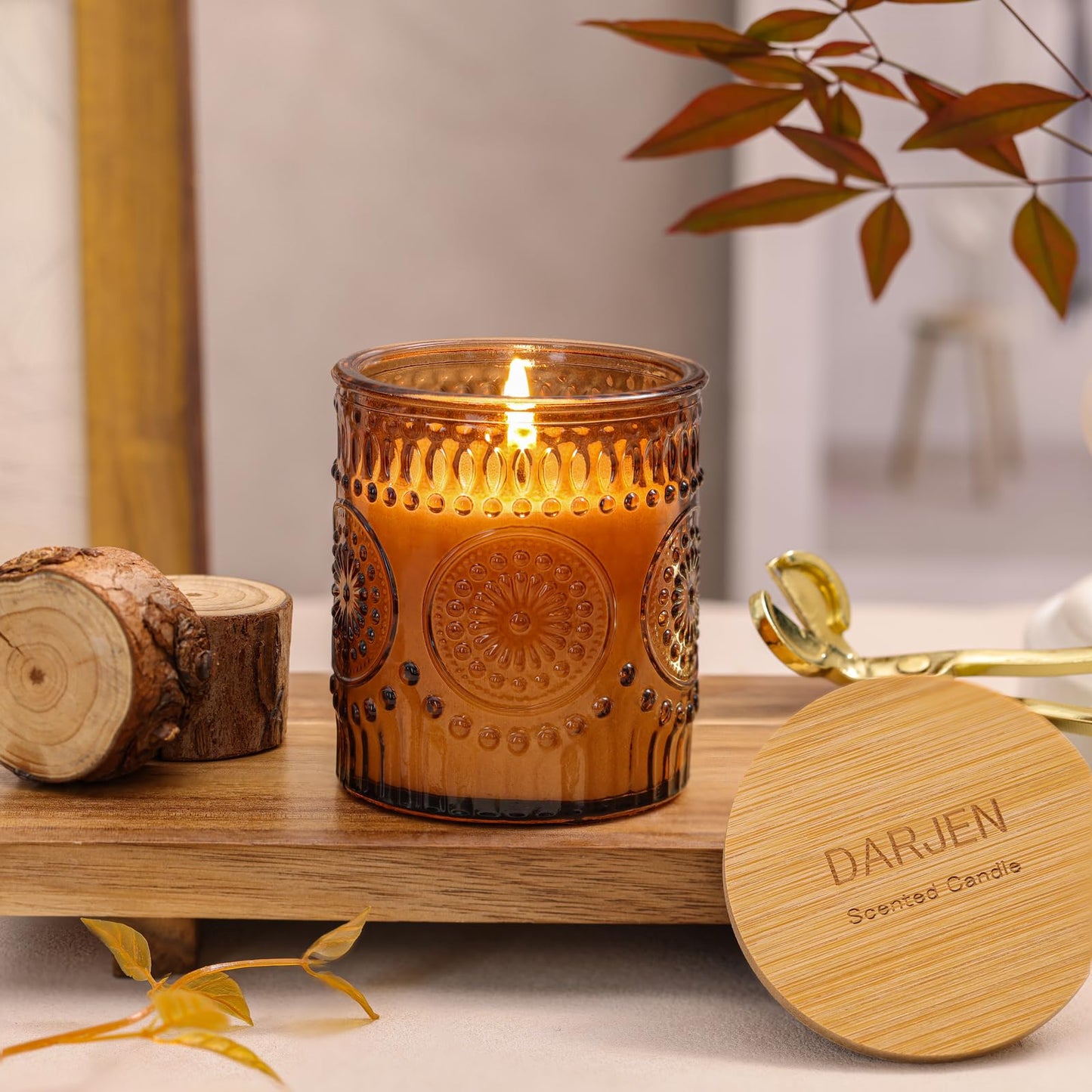 DARJEN Sandalwood Candles for Home- 5.3oz 35H Natural Soy Wax Aromatherapy Jar Candle with Strong Scent, Decorative Aesthetic Candles for Home Office, Evening Wind-Down, Luxury Gift for Man Cave