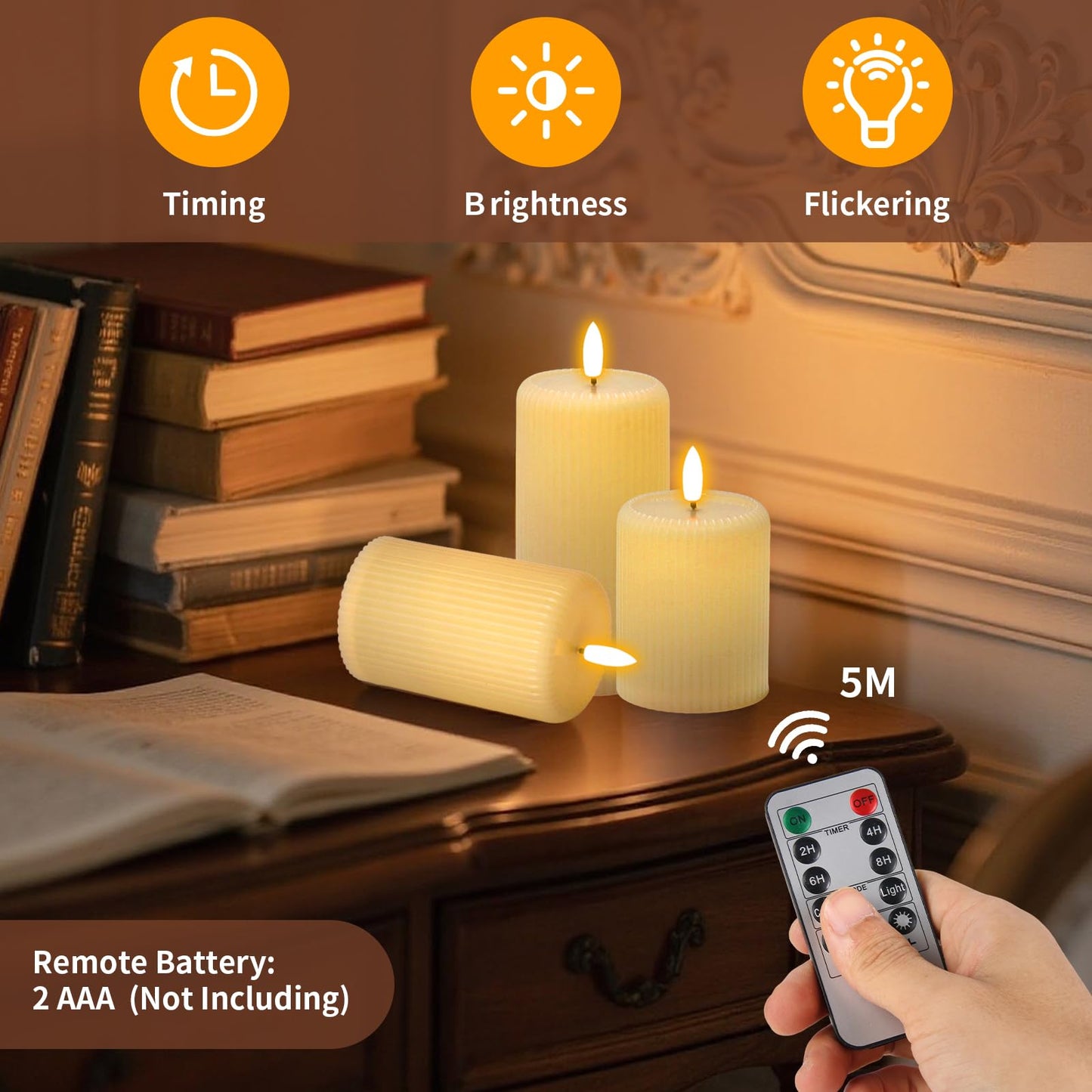 Rechargeable Candles with Remote Timer, 3 Pack LED Pillar Candles with USB Charging Base, Electric Fake Votive Candles for Wedding, Table, Halloween, Christmas Decorations (Set of 3, D3” x H4”5”6”)