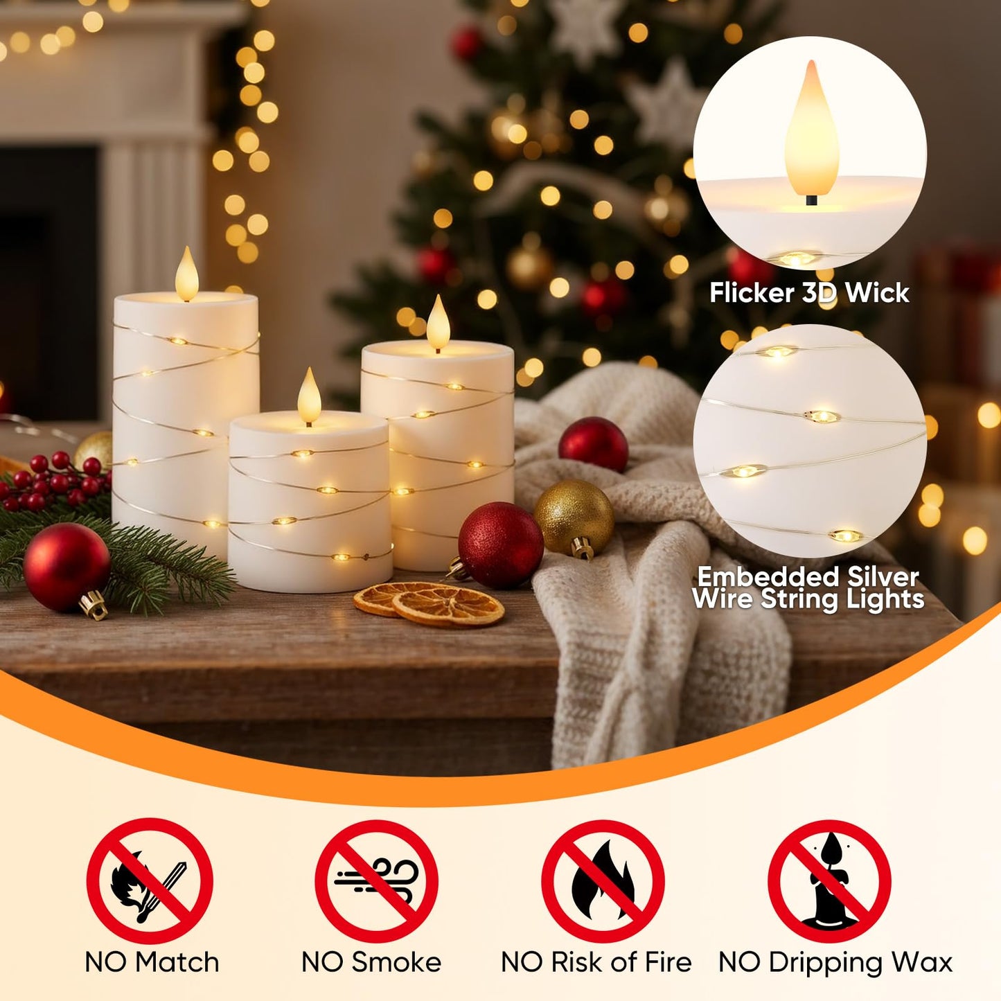 Raycare Flameless Candles with Remote Timer, Flickering Battery Operated LED Pillar Fake Candle with String Lights for Home Decor, Christmas, Wedding and Gift, White, Set of 3